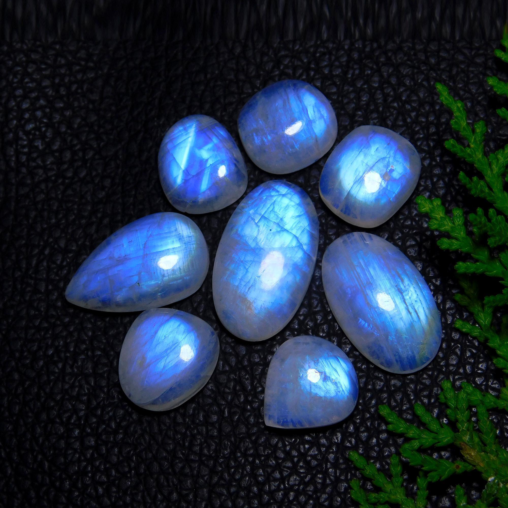 8Pcs 80Cts Natural Rainbow Moonstone Cabochon Blue Fire Loose Gemstone Crystal jewelry supplies wholesale lot gift for her Black Friday 24X12 12X12mm#9425