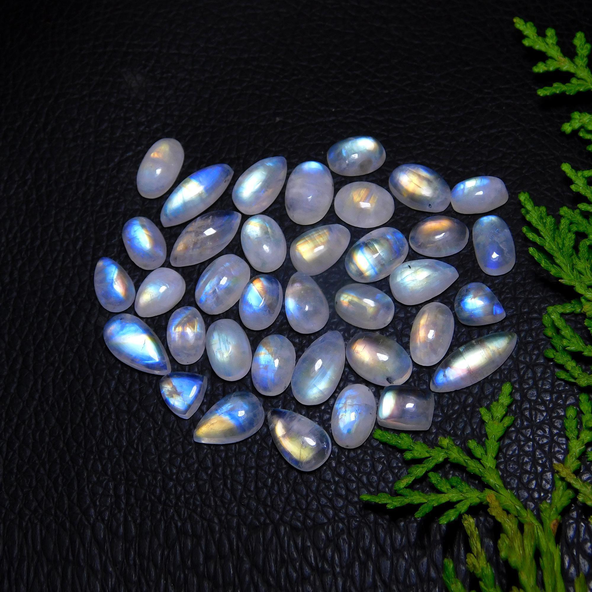 36Pcs 73Cts Natural Rainbow Moonstone Cabochon Blue Fire Loose Gemstone Crystal jewelry supplies wholesale lot gift for her Black Friday 14X5 7X5mm#9427