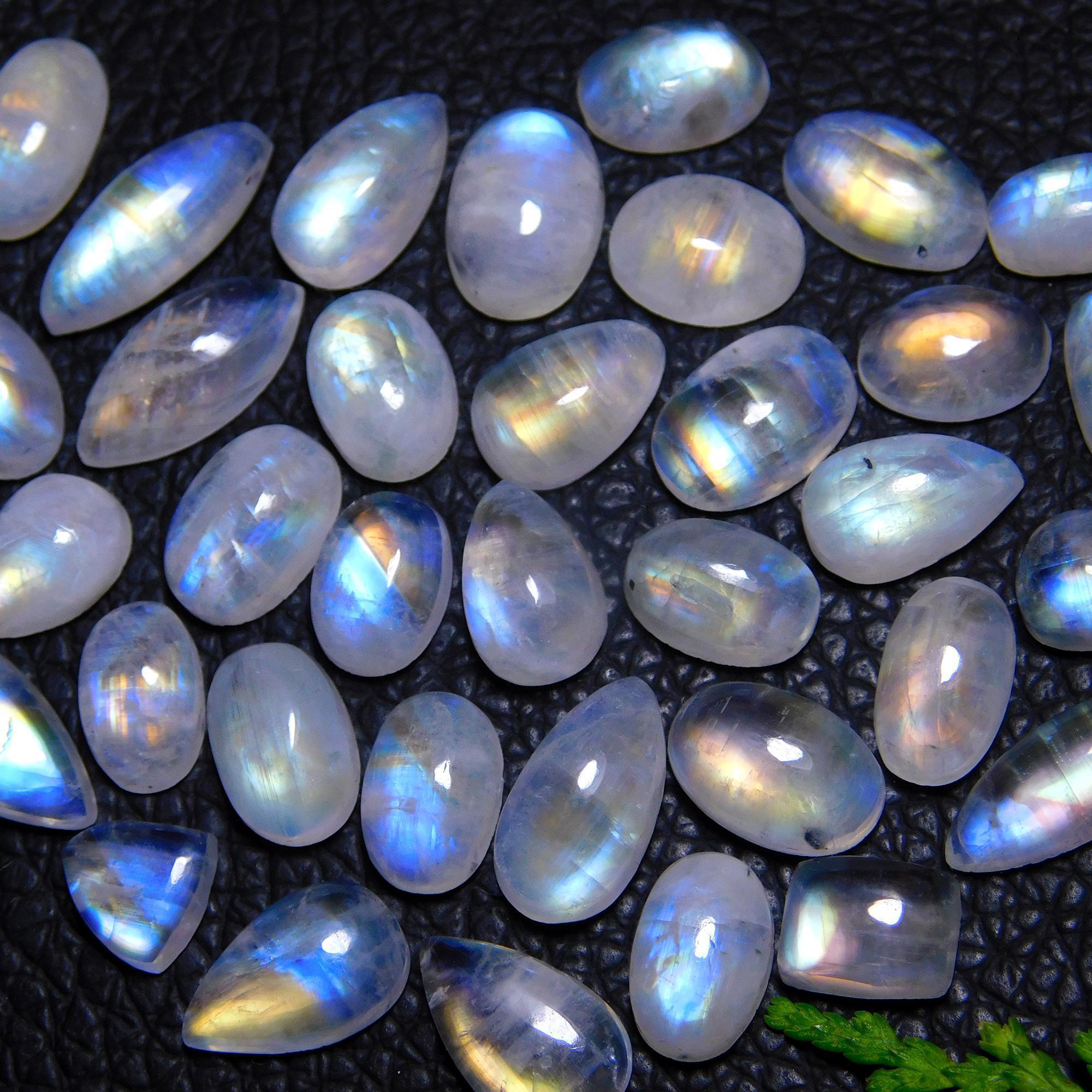 36Pcs 73Cts Natural Rainbow Moonstone Cabochon Blue Fire Loose Gemstone Crystal jewelry supplies wholesale lot gift for her Black Friday 14X5 7X5mm#9427