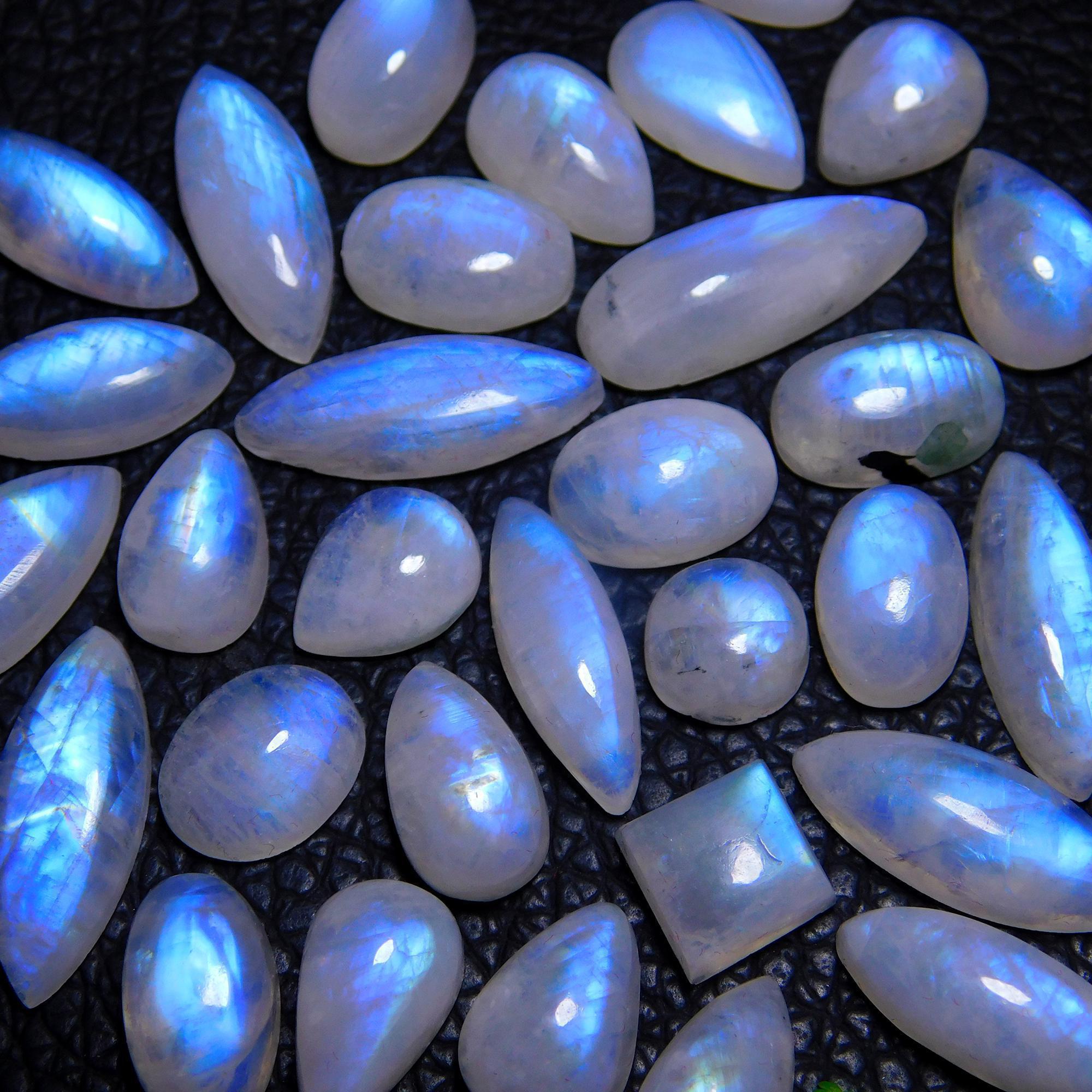 31Pcs 100Cts Natural Rainbow Moonstone Cabochon Blue Fire Loose Gemstone Crystal jewelry supplies wholesale lot gift for her Black Friday 18X7 8X8mm#9428