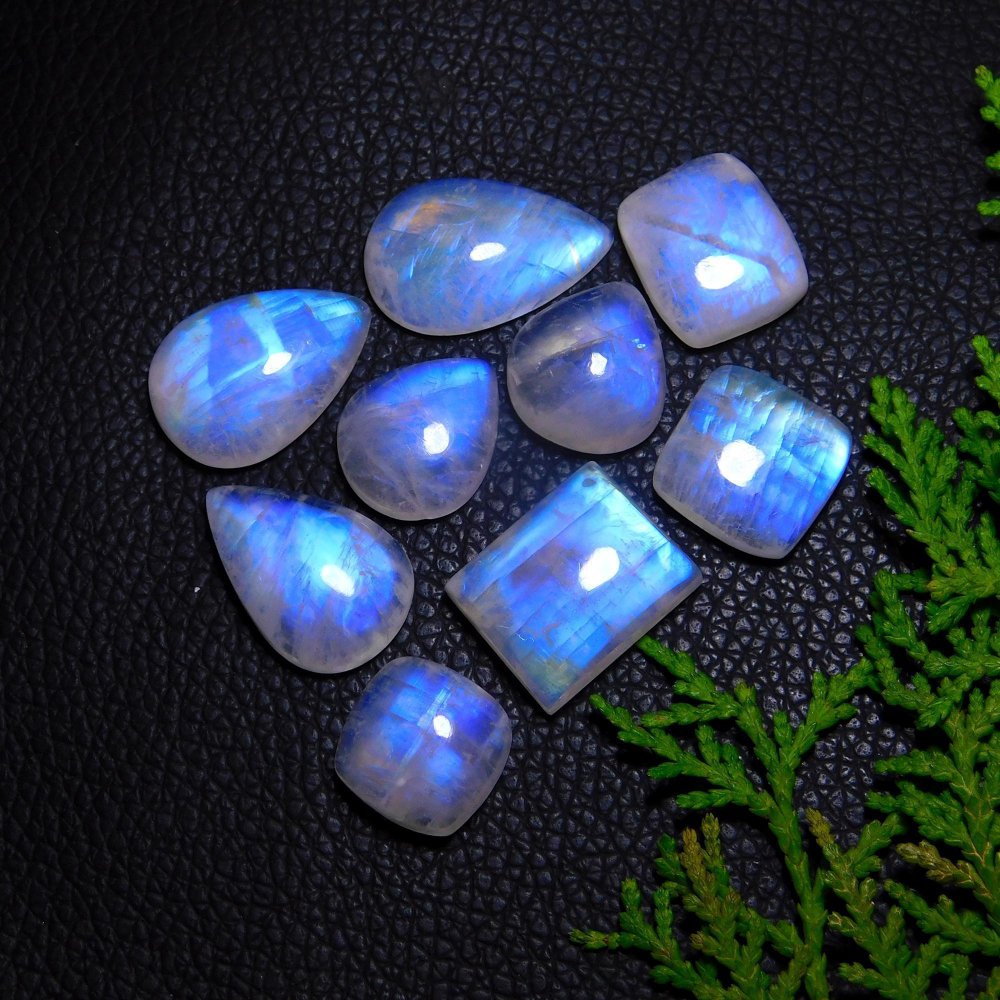 9Pcs 132Cts Natural Rainbow Moonstone Cabochon Blue Fire Loose Gemstone Crystal jewelry supplies wholesale lot gift for her 24X15 14X14mm#9431