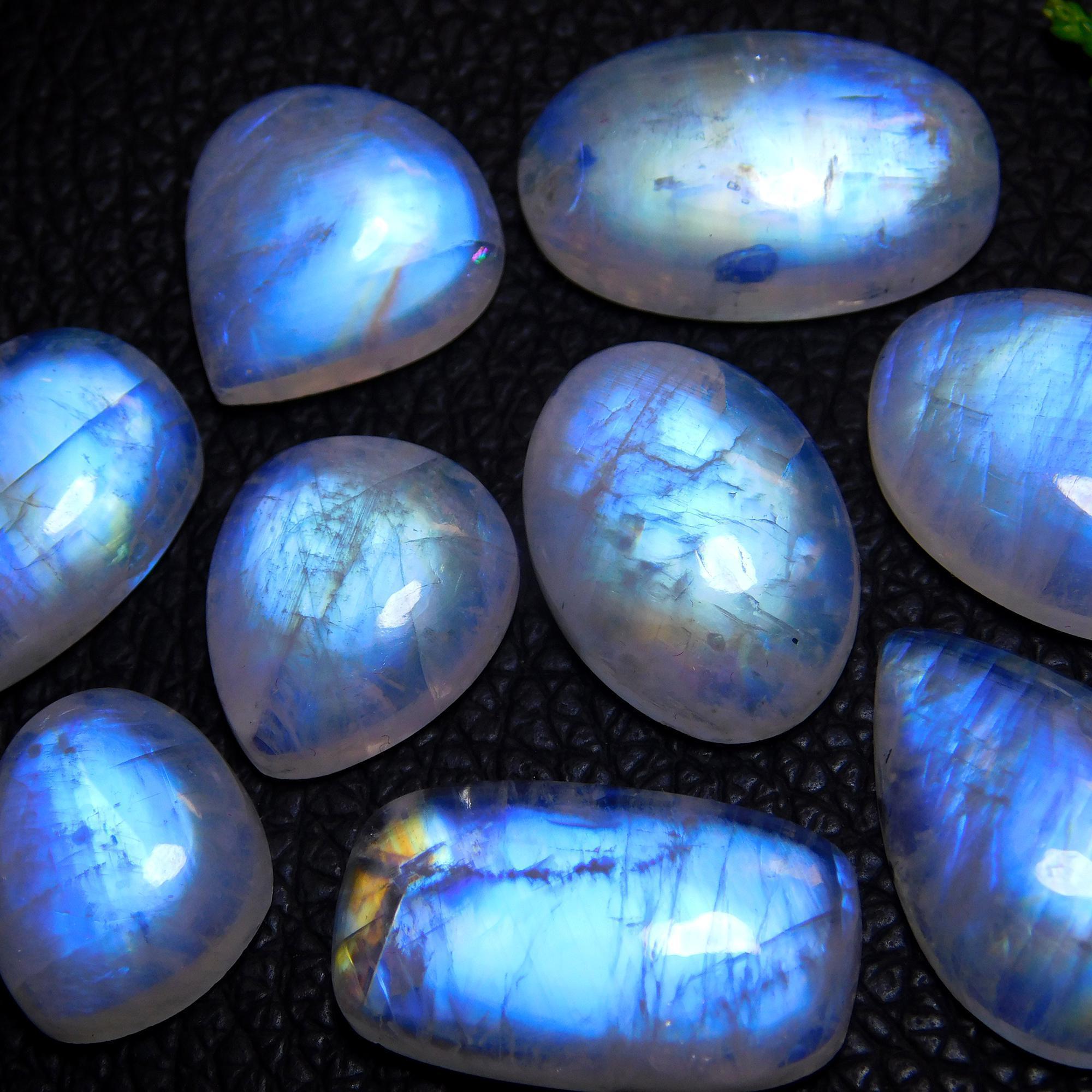 9Pcs 98Cts Natural Rainbow Moonstone Cabochon Blue Fire Loose Gemstone Crystal jewelry supplies wholesale lot gift for her Black Friday  22X14 15X12mm#9432