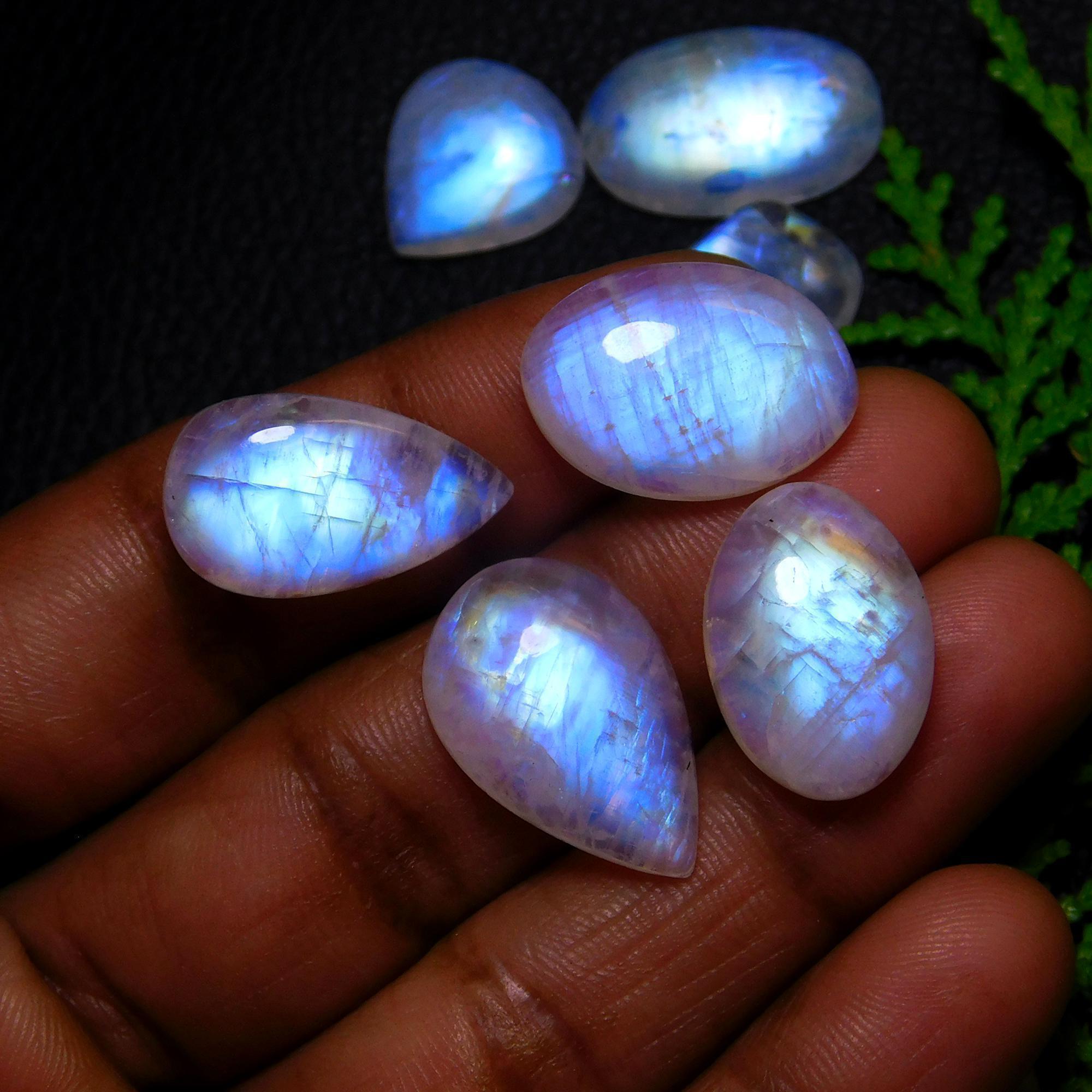 9Pcs 98Cts Natural Rainbow Moonstone Cabochon Blue Fire Loose Gemstone Crystal jewelry supplies wholesale lot gift for her Black Friday  22X14 15X12mm#9432