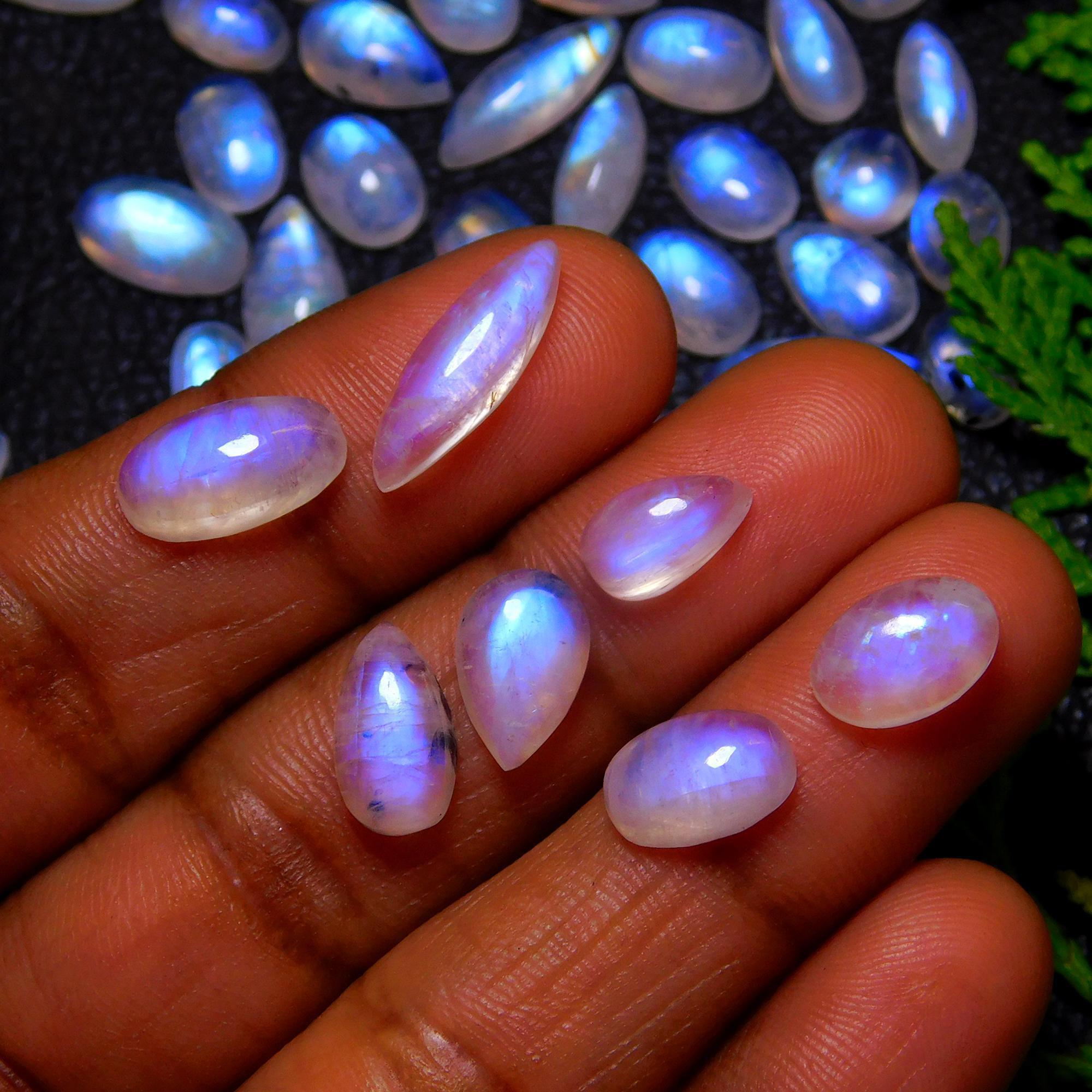 68Pcs 132Cts Natural Rainbow Moonstone Cabochon Blue Fire Loose Gemstone Crystal jewelry supplies wholesale lot gift for her Black Friday 15X5 6X4mm#9433