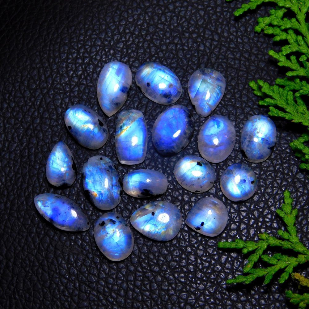 17Pcs 70Cts Natural Rainbow Moonstone Cabochon Blue Fire Loose Gemstone Crystal jewelry supplies wholesale lot gift for her 15x10 9x9mm#9435