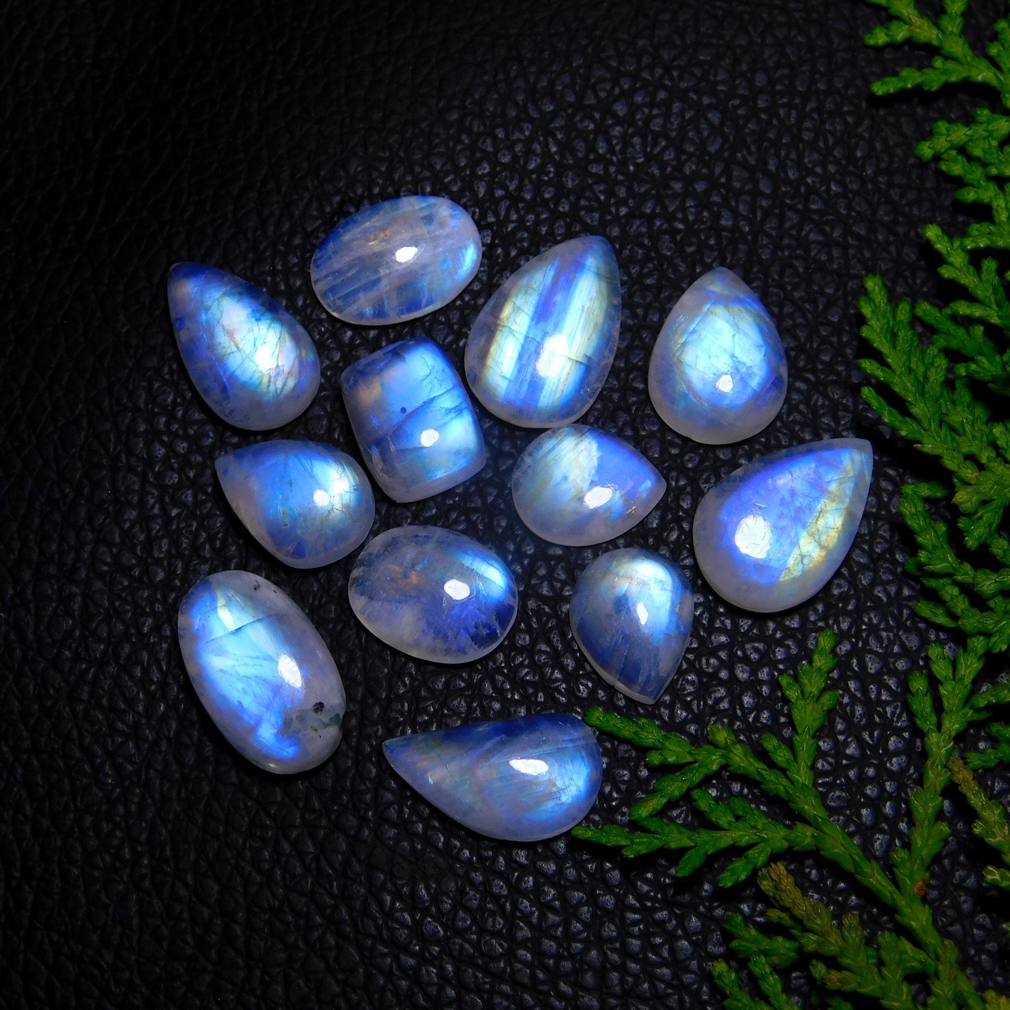 12Pcs 73Cts Natural Rainbow Moonstone Cabochon Blue Fire Loose Gemstone Crystal jewelry supplies wholesale lot gift for her Black Friday 18x10 13x10mm#9436