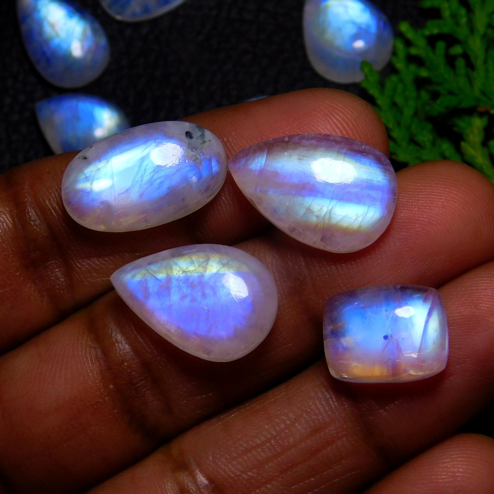 12Pcs 73Cts Natural Rainbow Moonstone Cabochon Blue Fire Loose Gemstone Crystal jewelry supplies wholesale lot gift for her Black Friday 18x10 13x10mm#9436