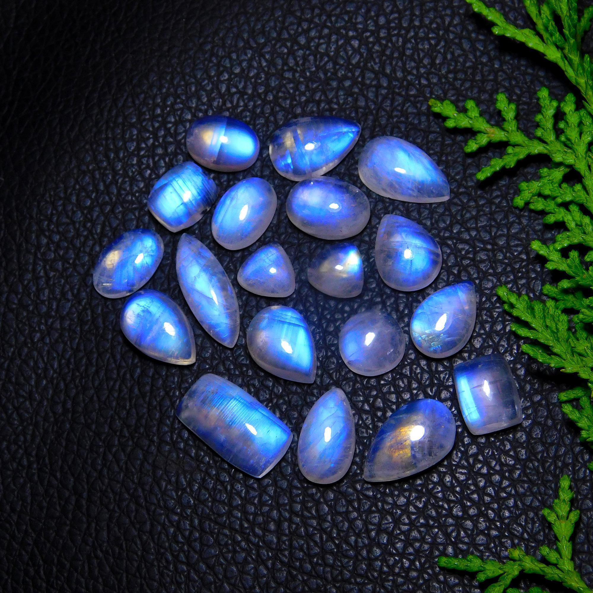 19Pcs 78Cts Natural Rainbow Moonstone Cabochon Blue Fire Loose Gemstone Crystal jewelry supplies wholesale lot gift for her Black Friday 16x9 9x9mm#9437