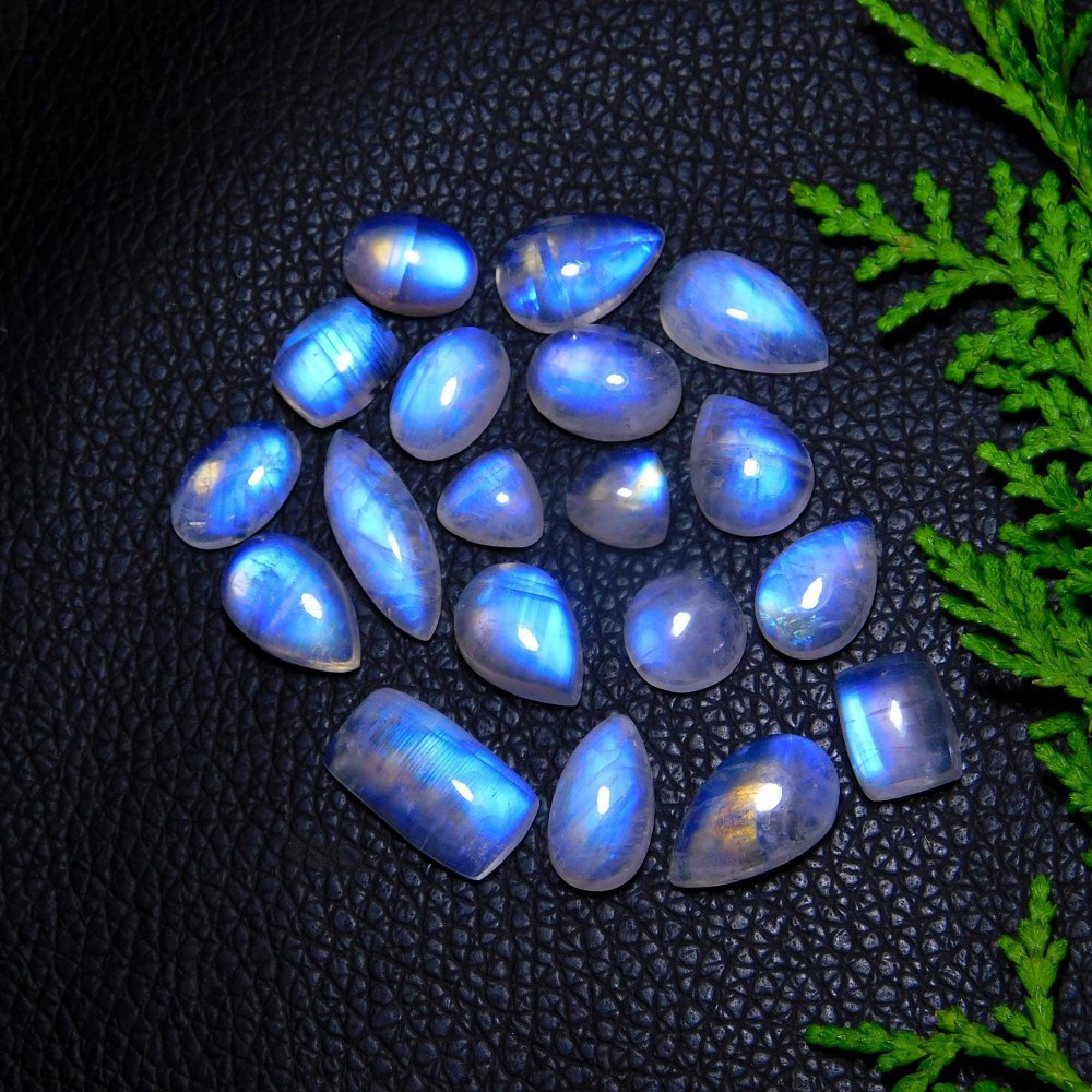 19Pcs 78Cts Natural Rainbow Moonstone Cabochon Blue Fire Loose Gemstone Crystal jewelry supplies wholesale lot gift for her 16x9 9x9mm#9437