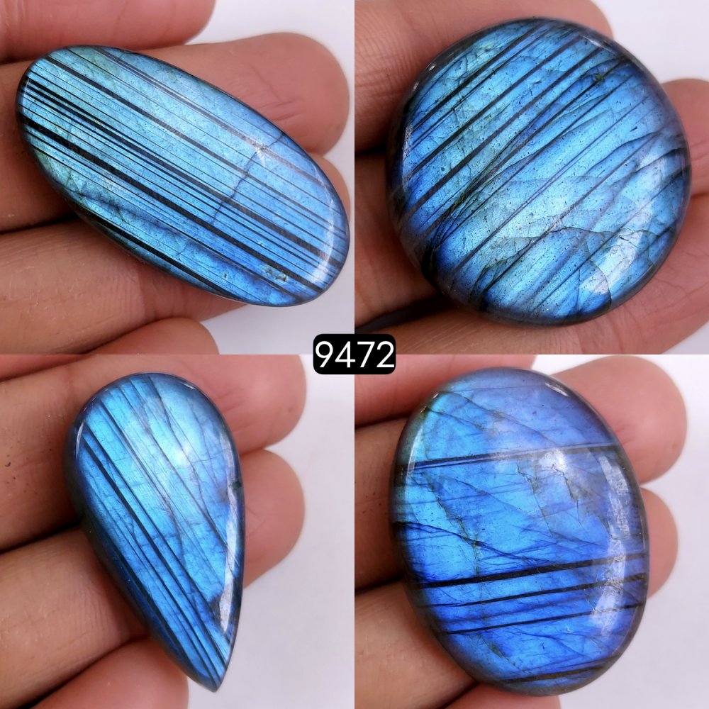 4Pcs 236Cts Natural Blue Labradorite Semi Precious Loose Cabochon Gemstone Crystal Flashy Handmade Wire Wrapped Pendant Lot33x25 32x15mm