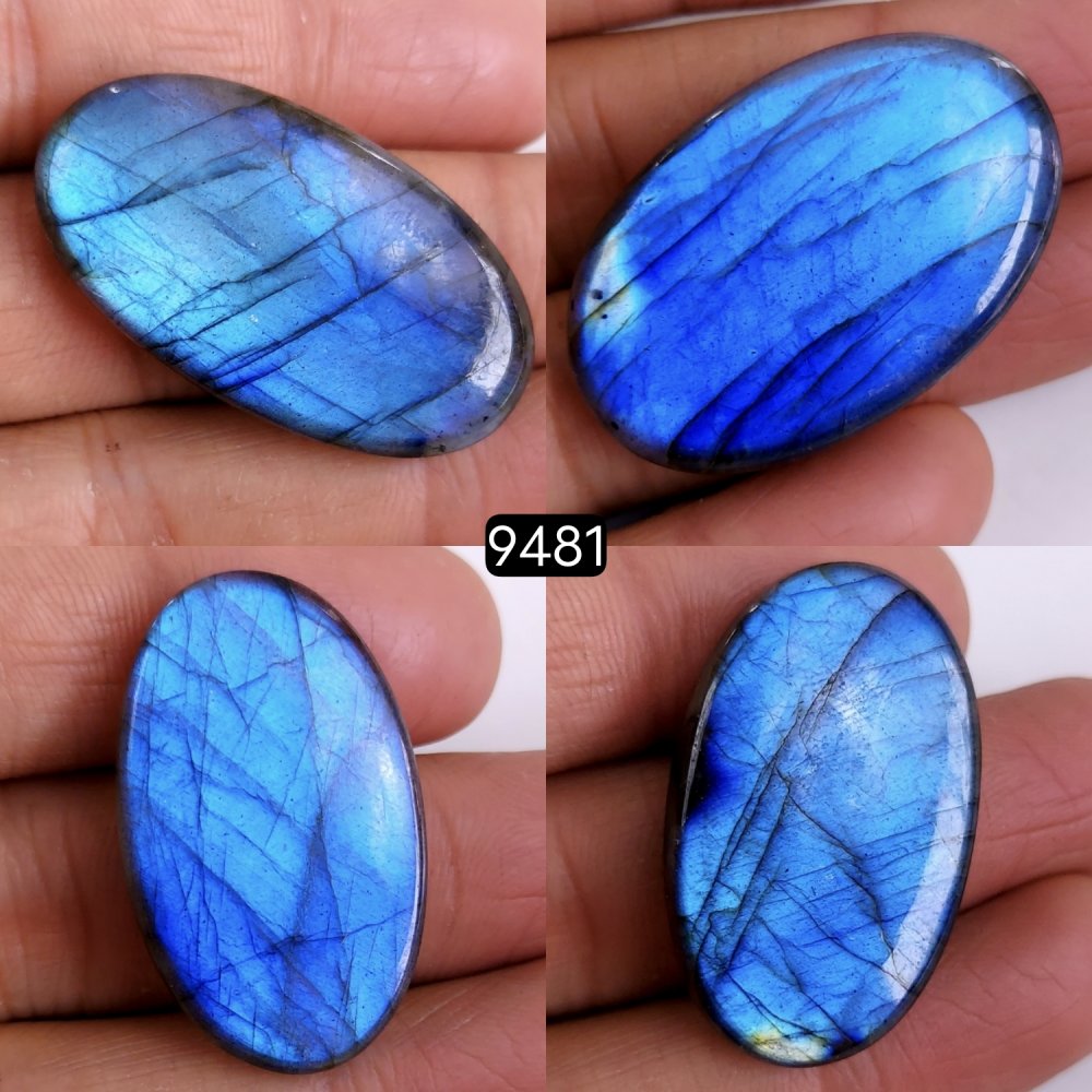 4Pcs 199Cts Natural Blue Labradorite Oval Semi Precious Loose Cabochon Gemstone Crystal Flashy Handmade Wire Wrapped Pendant36x22 30x16mm