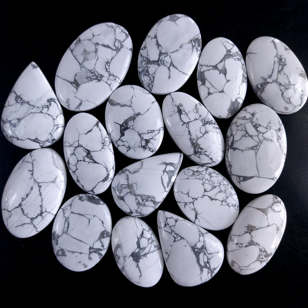 16Pcs 796Cts Natural White Howlite Loose Cabochon Flat Back Handmade Gemstone Lot Mix Size And Shape For Jewelry Making 40x23 29x21mm#9574