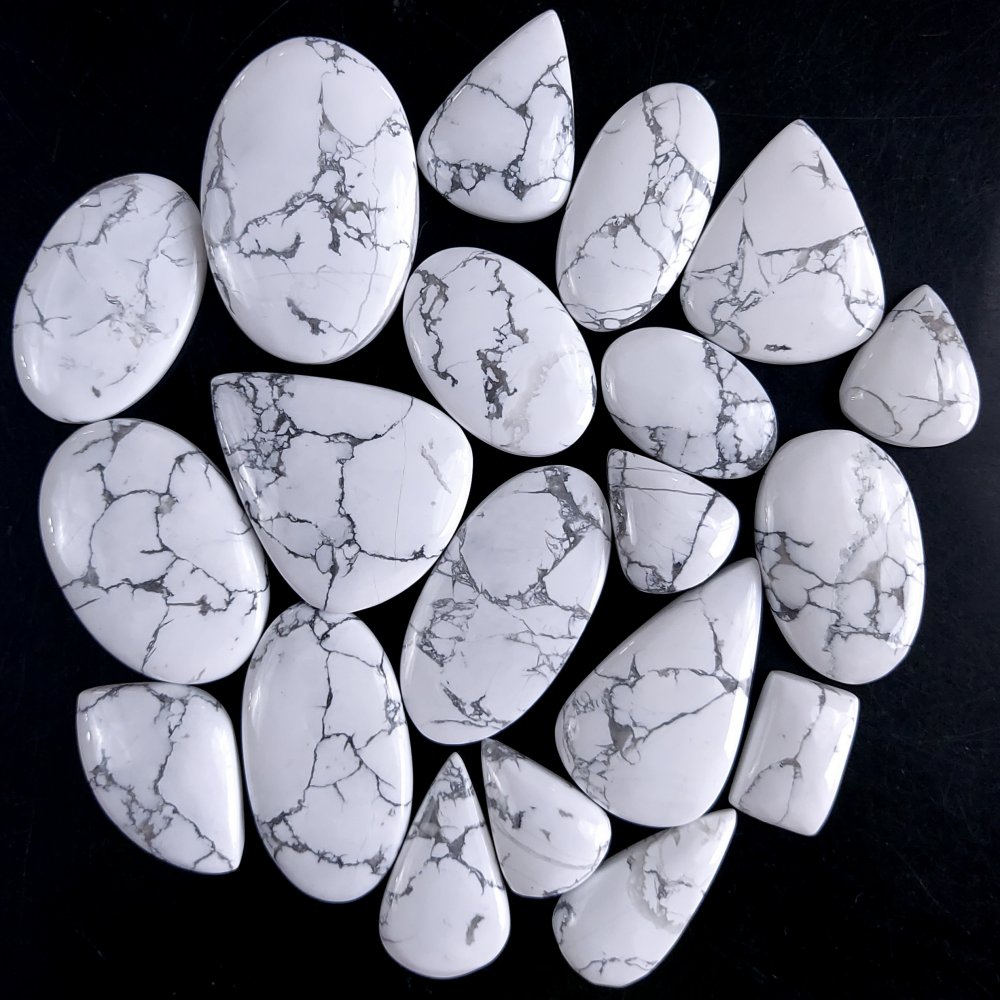 21Pcs 1133Cts Natural White Howlite Loose Cabochon Flat Back Handmade Gemstone Lot Mix Size And Shape For Jewelry Making 36x22 29x24mm#9577