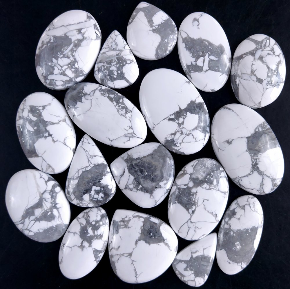 17Pcs 754Cts Natural White Howlite Loose Cabochon Flat Back Handmade Gemstone Lot Mix Size And Shape For Jewelry Making 38x22 21x22mm#9579