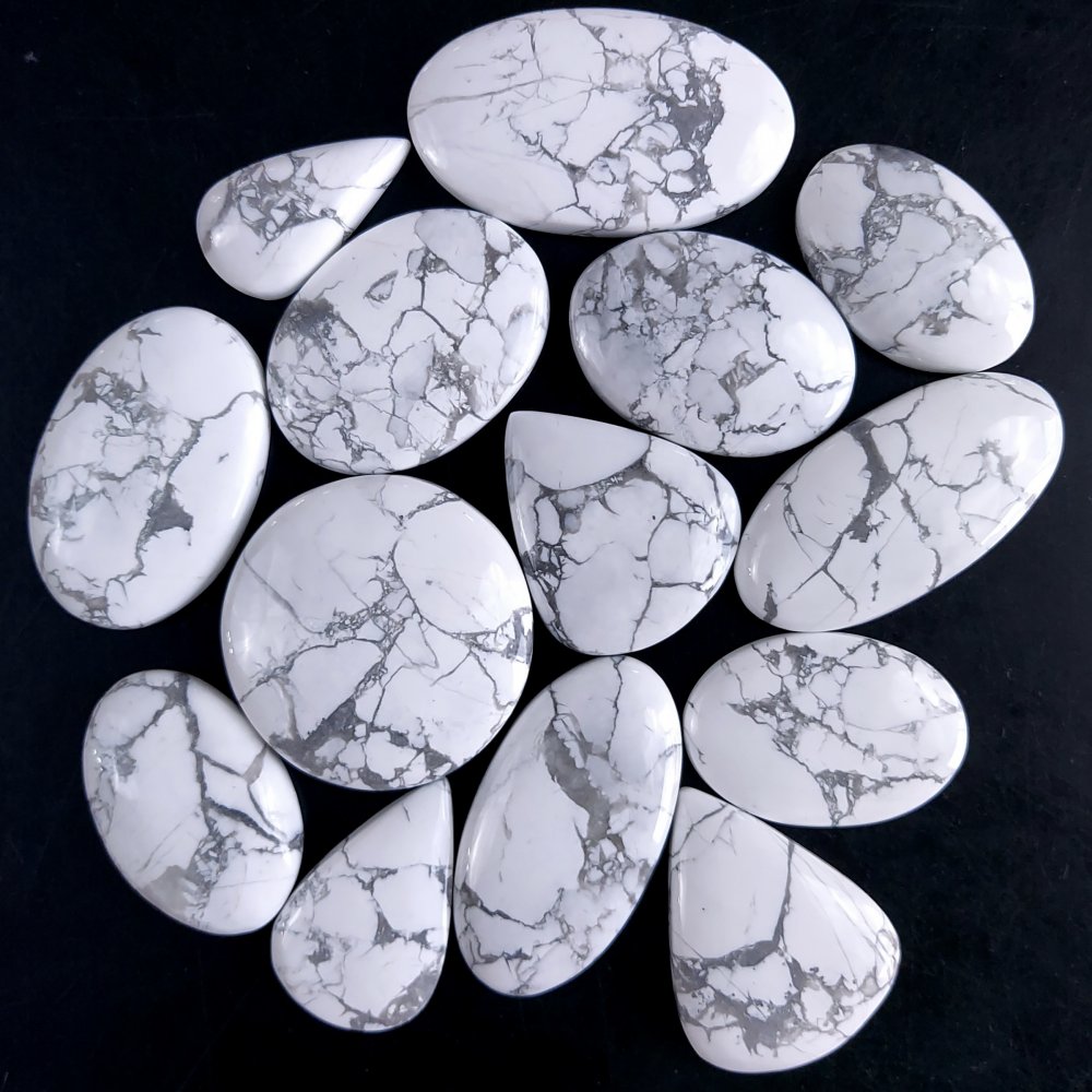 14Pcs 698Cts Natural White Howlite Loose Cabochon Flat Back Handmade Gemstone Lot Mix Size And Shape For Jewelry Making 32x32 23x11mm#9581