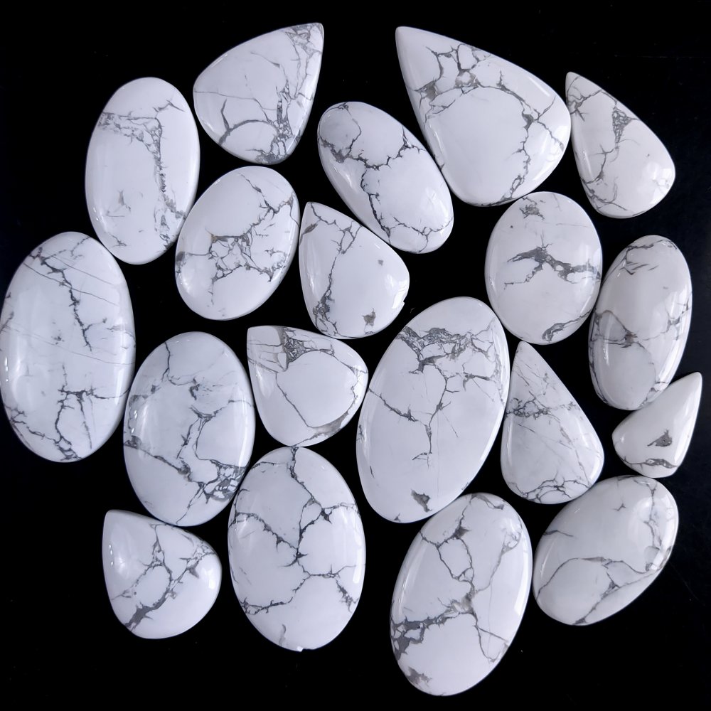 19Pcs 807Cts Natural White Howlite Loose Cabochon Flat Back Handmade Gemstone Lot Mix Size And Shape For Jewelry Making 41x22 20x10mm#9588