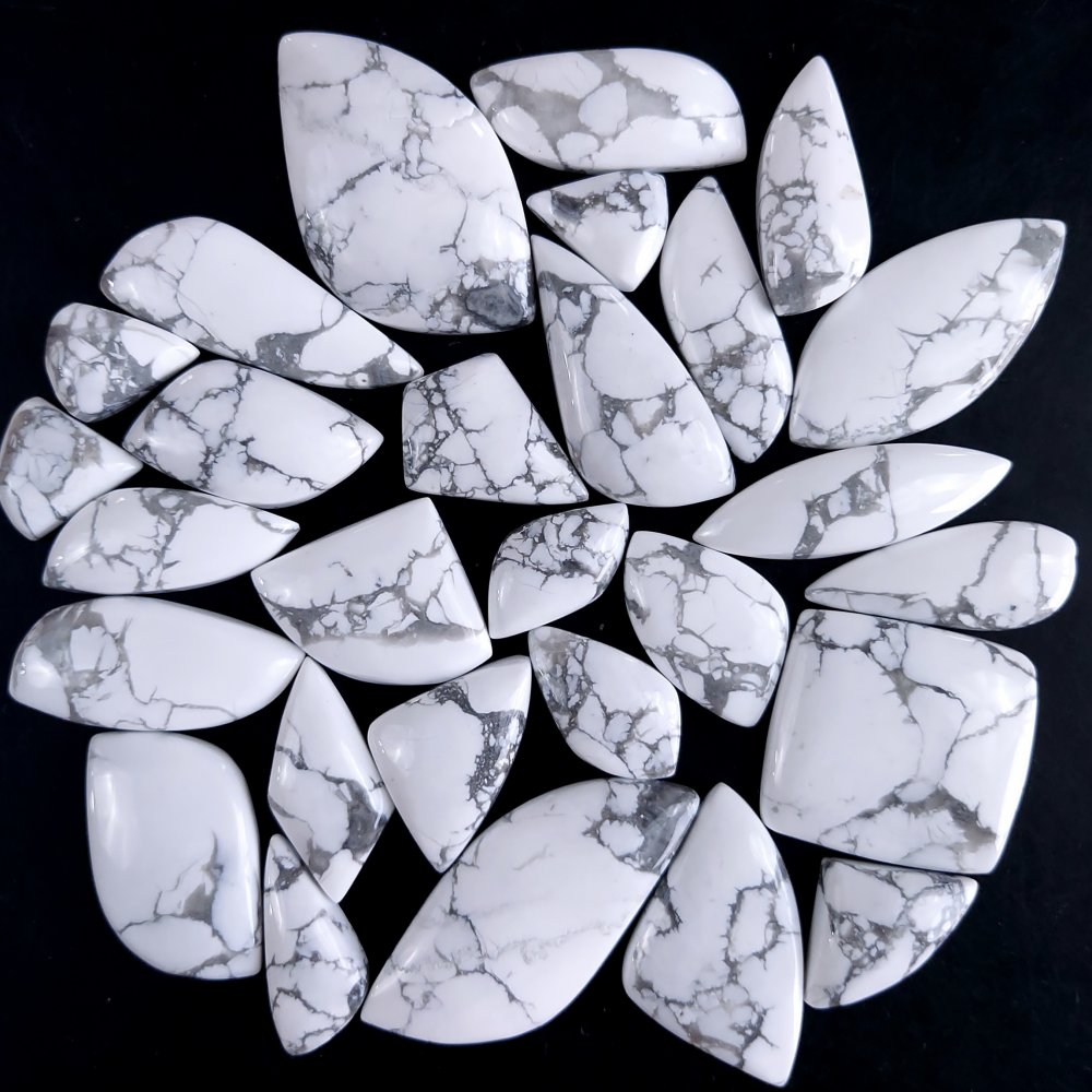 28Pcs 486Cts Natural White Howlite Loose Cabochon Flat Back Handmade Gemstone Lot Mix Size And Shape For Jewelry Making 35x20 11x11mm#9589