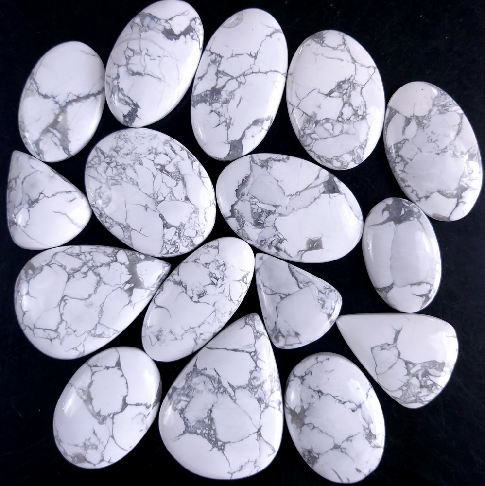 16Pcs 686Cts Natural White Howlite Loose Cabochon Flat Back Handmade Gemstone Lot Mix Size And Shape For Jewelry Making 36x26 22x16mm#9592