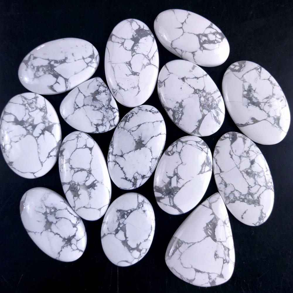 14Pcs 755Cts Natural White Howlite Loose Cabochon Flat Back Handmade Gemstone Lot Mix Size And Shape For Jewelry Making 40x27 24x22mm#9597