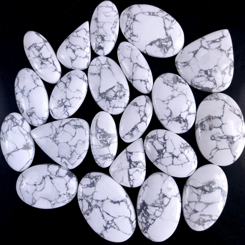21Pcs 1025Cts Natural White Howlite Loose Cabochon Flat Back Handmade Gemstone Lot Mix Size And Shape For Jewelry Making 38x24 26x17mm#9600