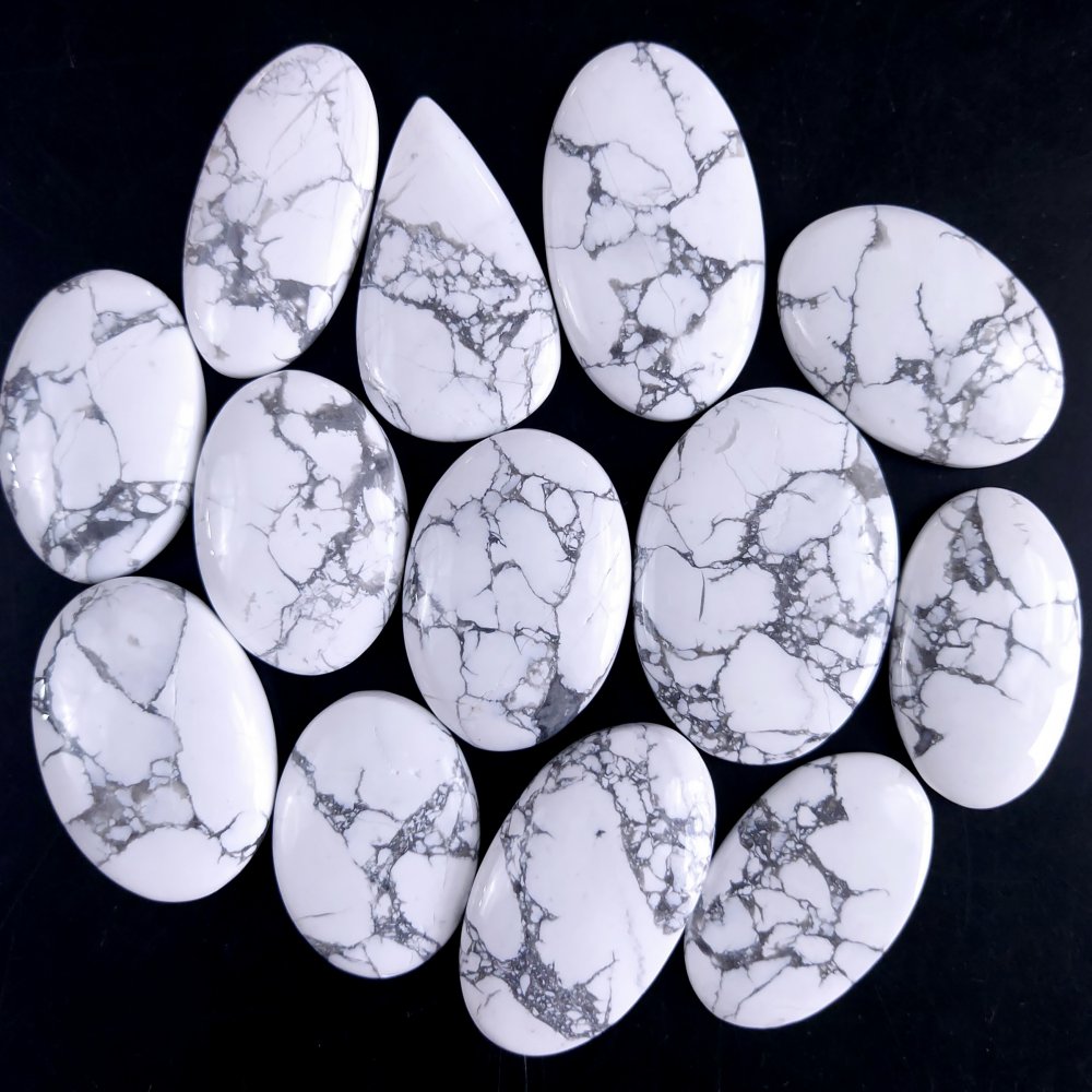 13Pcs 733Cts Natural White Howlite Loose Cabochon Flat Back Handmade Gemstone Lot Mix Size And Shape For Jewelry Making 40x26 30x20mm#9601