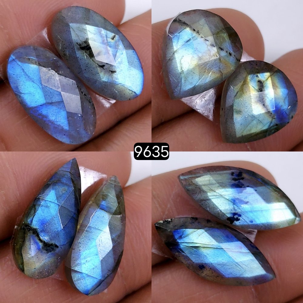 4Pair 77.5Cts Natural Labradorite Loose Faceted Gemstone Pair For Jewelry Making Lot Flat Back Both Side Polished ]Stone 22x8 13x10mm#9635
