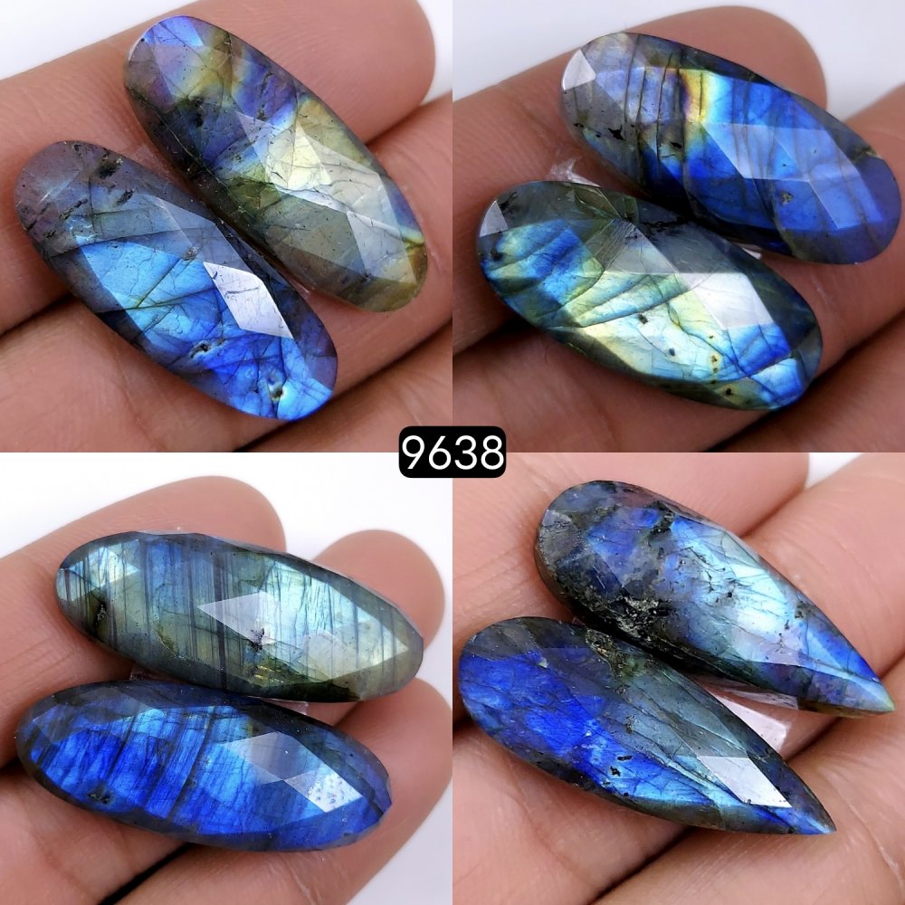 4Pair 176Cts Natural Labradorite Loose Faceted Gemstone Pair For Jewelry Making Lot Flat Back Both Side Polished ]Stone 34x12 26x10mm#9638