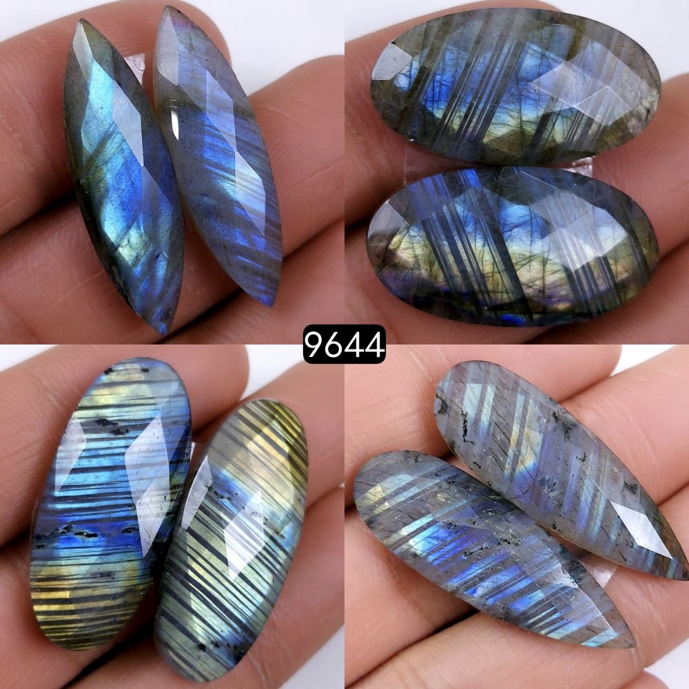 4Pair 160Cts Natural Labradorite Loose Faceted Gemstone Pair For Jewelry Making Lot Flat Back Both Side Polished ]Stone 33x10 25x12mm#9644