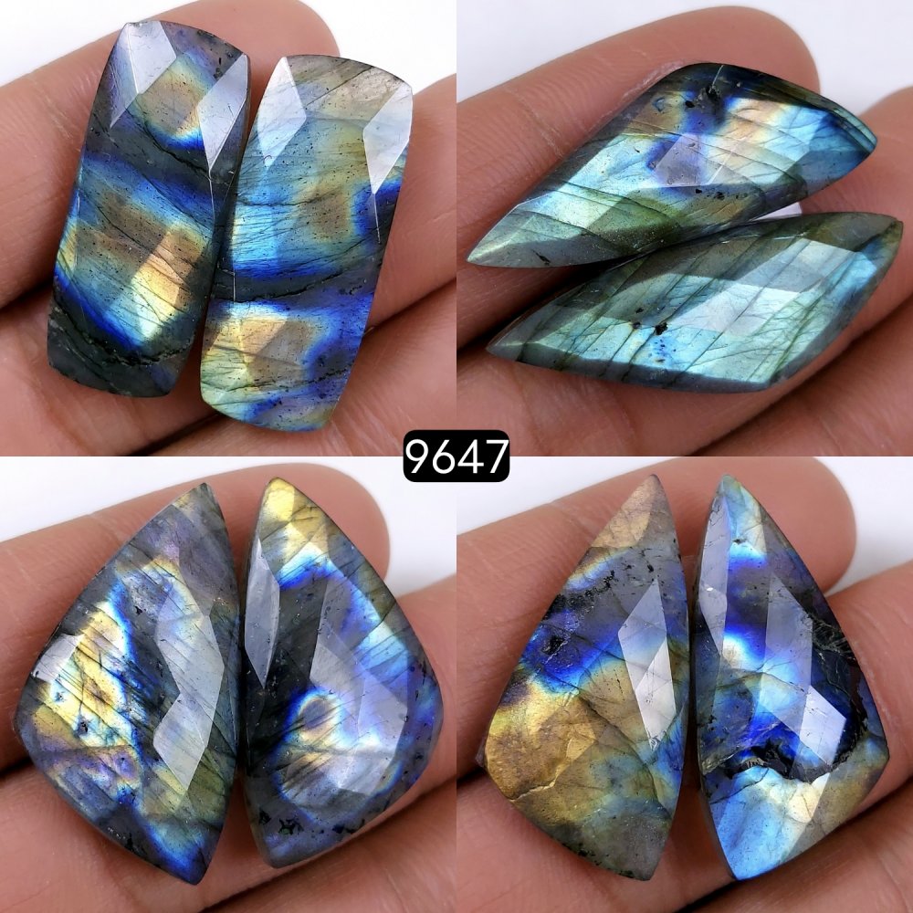 4Pair 190Cts Natural Labradorite Loose Faceted Gemstone Pair For Jewelry Making Lot Flat Back Both Side Polished ]Stone 28x14 28x12mm#9647