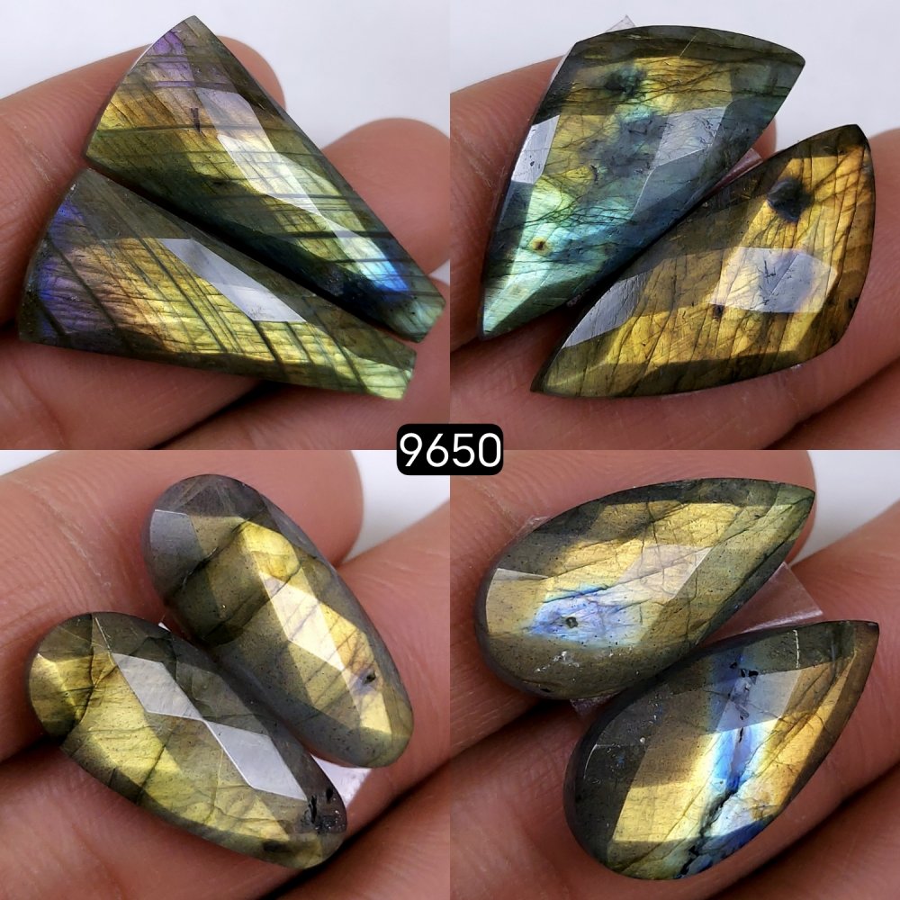 4Pair 148Cts Natural Labradorite Loose Faceted Gemstone Pair For Jewelry Making Lot Flat Back Both Side Polished ]Stone 32x12 22x10mm#9650