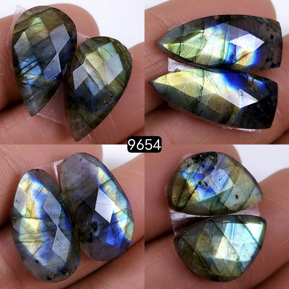 4Pair 91Cts Natural Labradorite Loose Faceted Gemstone Pair For Jewelry Making Lot Flat Back Both Side Polished ]Stone 21x7 14x8mm#9654