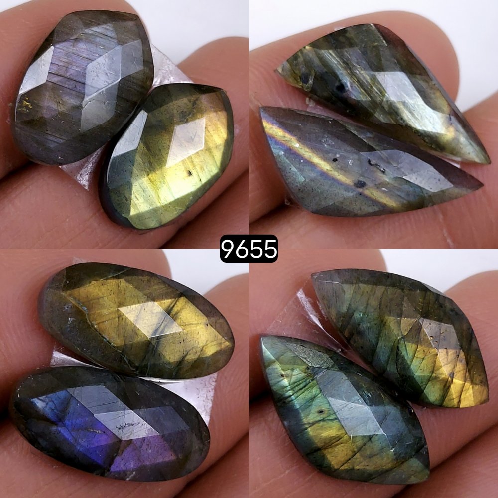 4Pair 85Cts Natural Labradorite Loose Faceted Gemstone Pair For Jewelry Making Lot Flat Back Both Side Polished ]Stone 23x8 16x10mm#9655