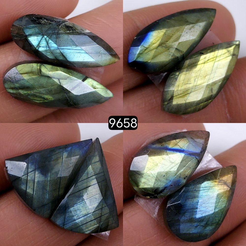 4Pair 84Cts Natural Labradorite Loose Faceted Gemstone Pair For Jewelry Making Lot Flat Back Both Side Polished ]Stone 21x8 17x9mm#9658