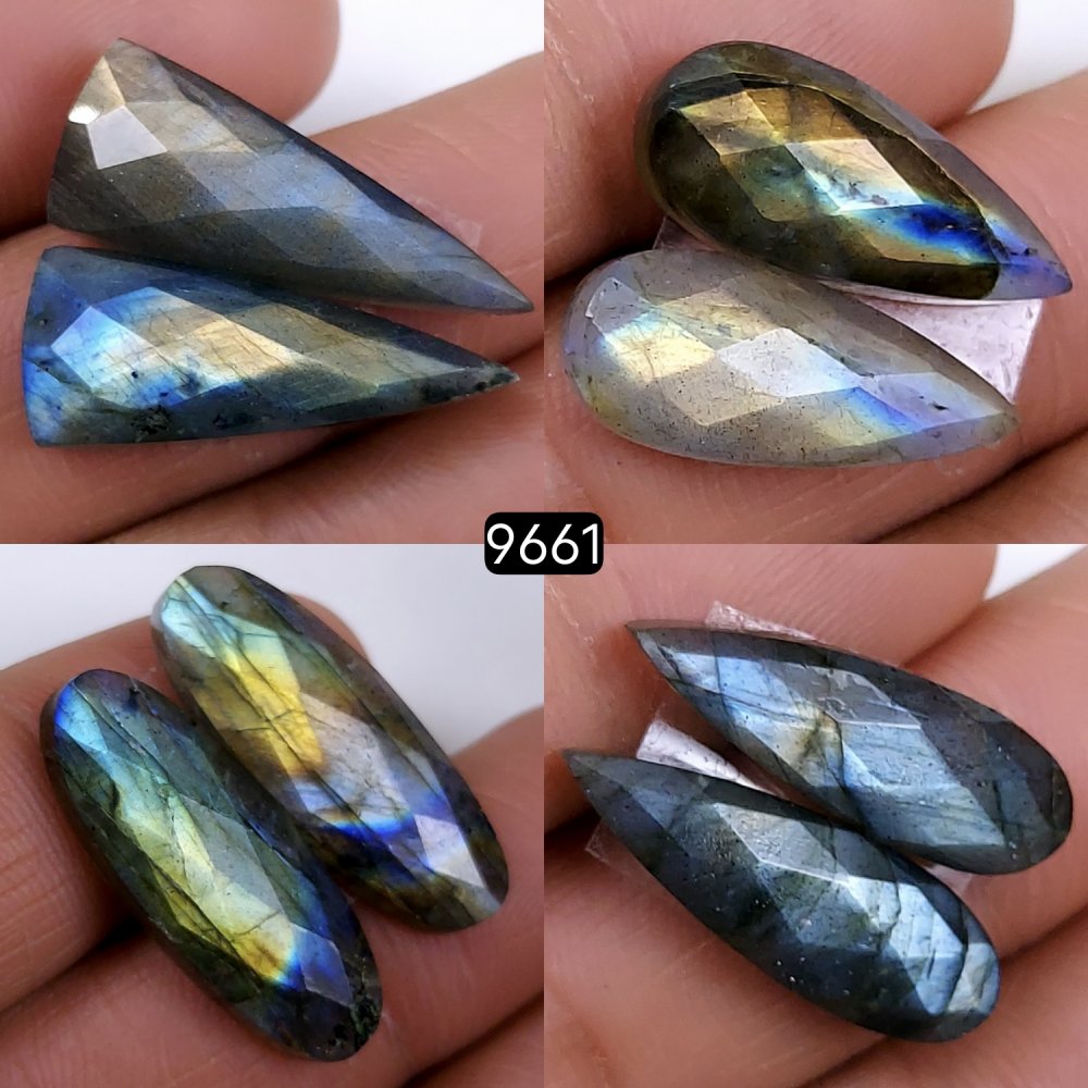4Pair 81Cts Natural Labradorite Loose Faceted Gemstone Pair For Jewelry Making Lot Flat Back Both Side Polished ]Stone 24x7 18x6mm#9661