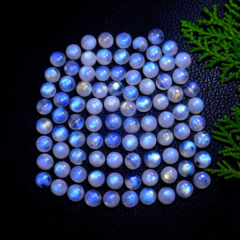90Pcs 221Cts Natural Rainbow Moonstone Round Shape Blue Fire Cabochon Lot Loose Gemstone Jewelry Moonstone Ring For Gift 8x8mm #9789