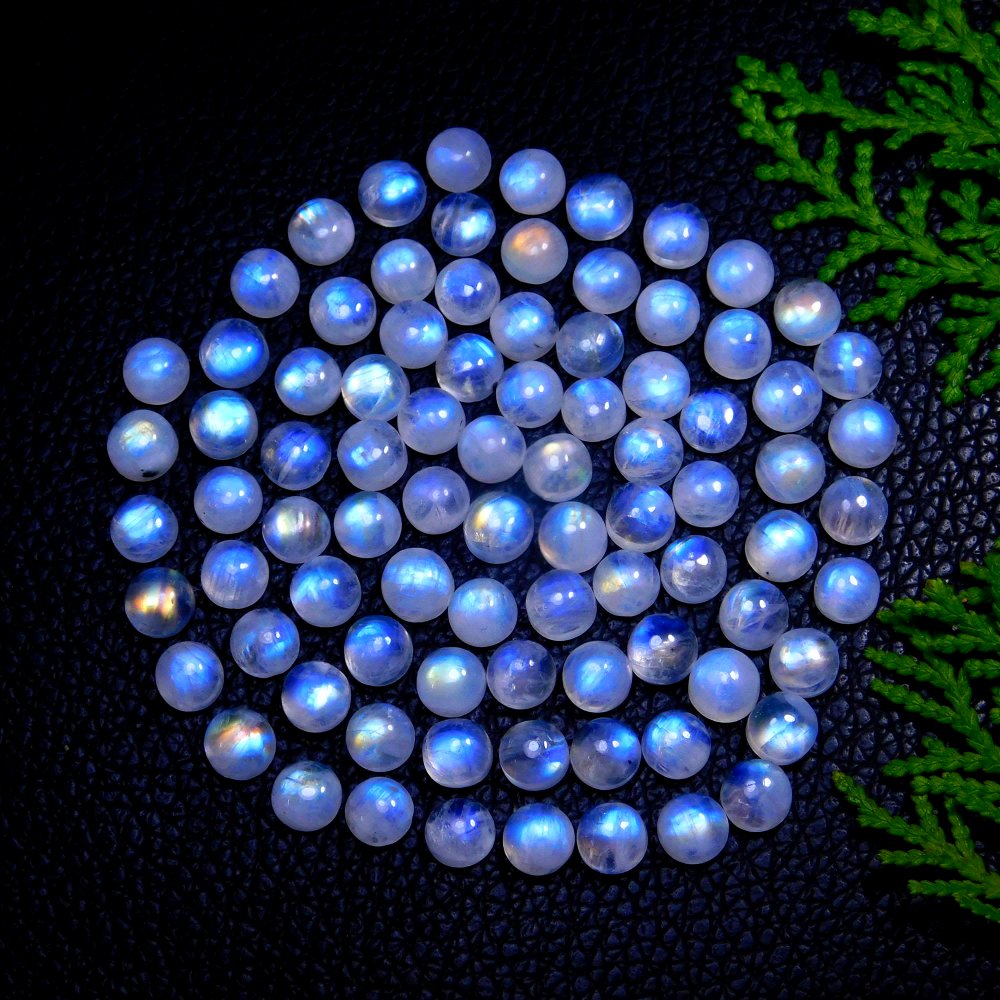 86Pcs 100Cts Natural Rainbow Moonstone Round Shape Blue Fire Cabochon Lot Loose Gemstone Jewelry Moonstone Ring For Gift 6x6mm #9797
