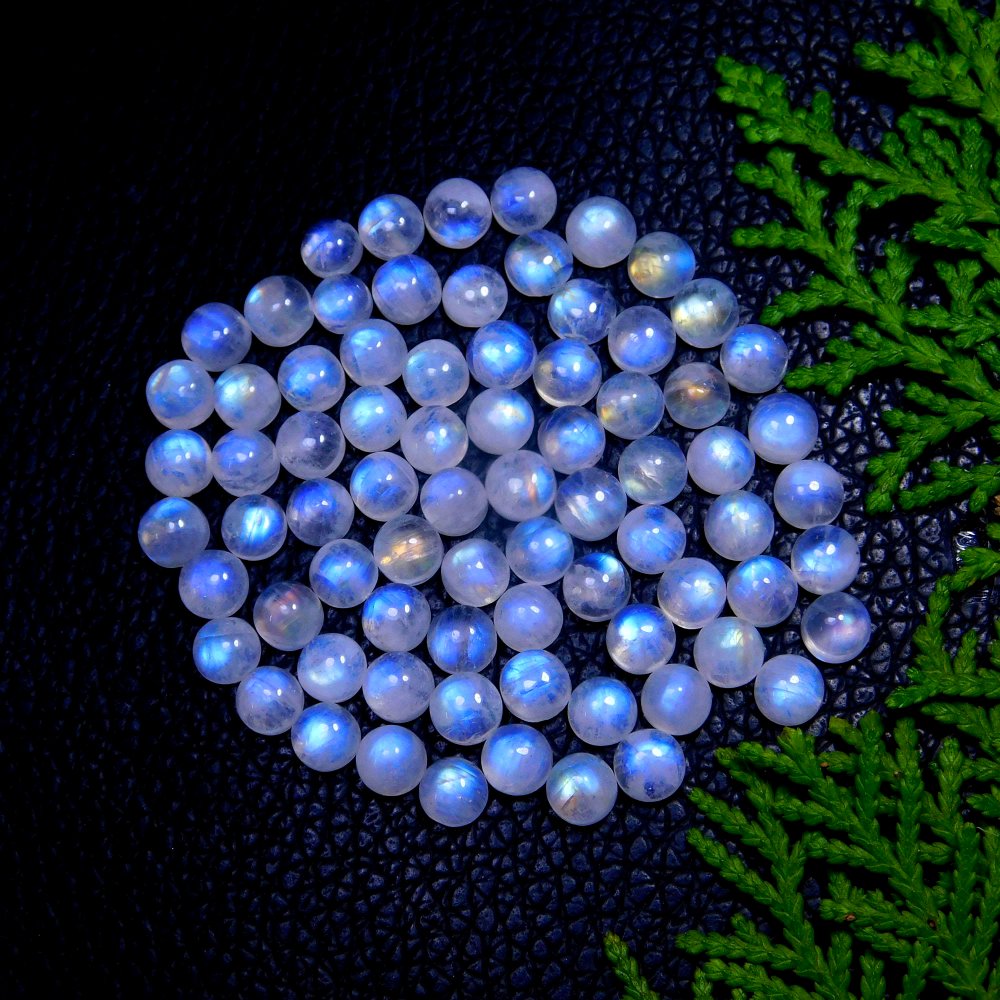 76Pcs 52Cts Natural Rainbow Moonstone Round Shape Blue Fire Cabochon Lot Loose Gemstone Jewelry Moonstone Ring For Gift 5x5mm #9800