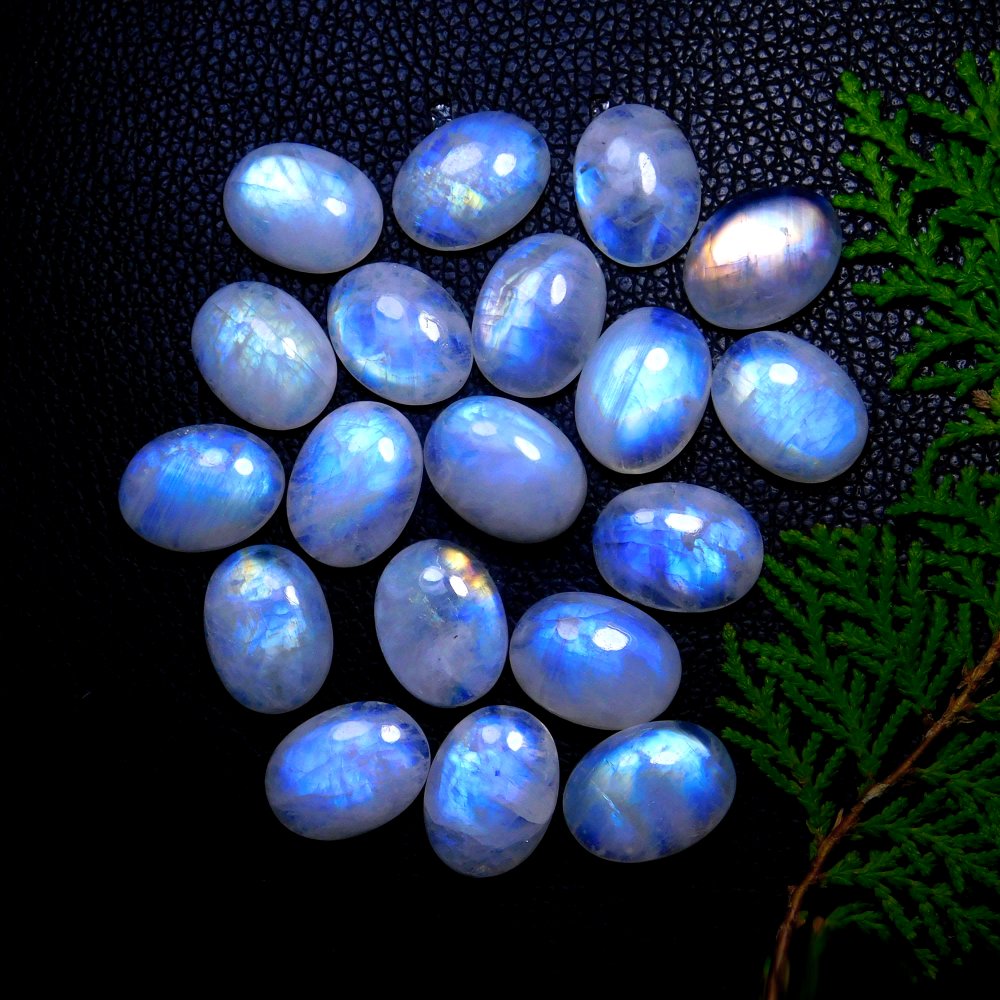 19Pcs 292Cts Natural Rainbow Moonstone Oval Shape Blue Fire Cabochon Lot Loose Gemstone Jewelry Crystal For Birthday Gift 20X15mm #9807