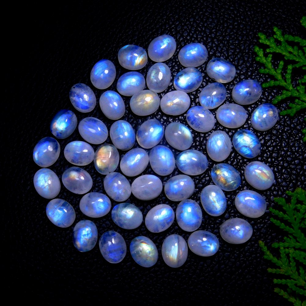 50Pcs 152Cts Natural Rainbow Moonstone Oval Shape Blue Fire Cabochon Lot Loose Gemstone Jewelry Crystal For Birthday Gift 10X8mm #9824