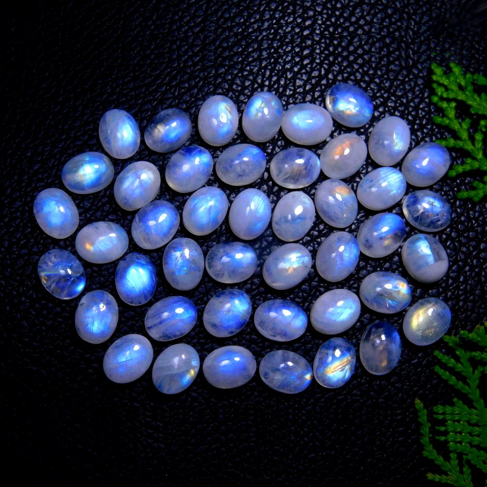 44Pcs 130Cts Natural Rainbow Moonstone Oval Shape Blue Fire Cabochon Lot Loose Gemstone Jewelry Crystal For Birthday Gift 10X8mm #9829