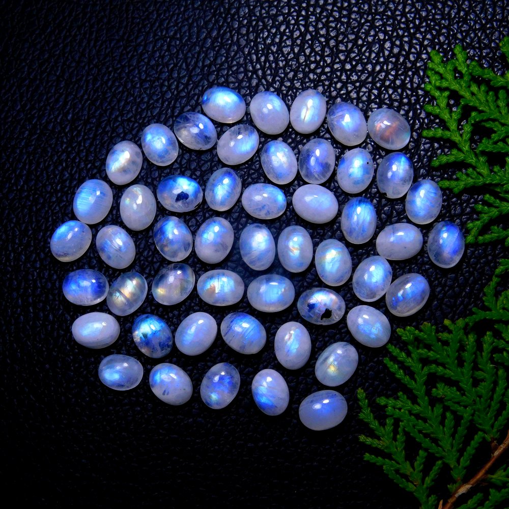 50Pcs 101Cts Natural Rainbow Moonstone Oval Shape Blue Fire Cabochon Lot Loose Gemstone Jewelry Crystal For Birthday Gift 9X7mm #9833
