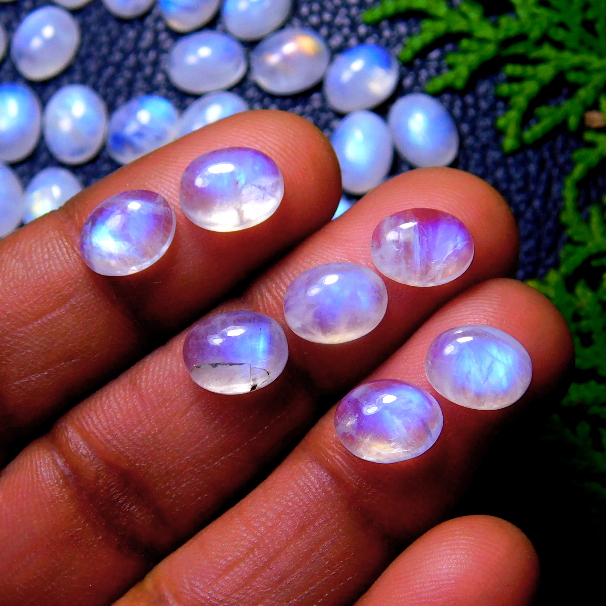 84Pcs 173Cts Natural Rainbow Moonstone Oval Shape Blue Fire Cabochon Lot Loose Gemstone Jewelry Crystal For Birthday Gift 9X7mm #9837