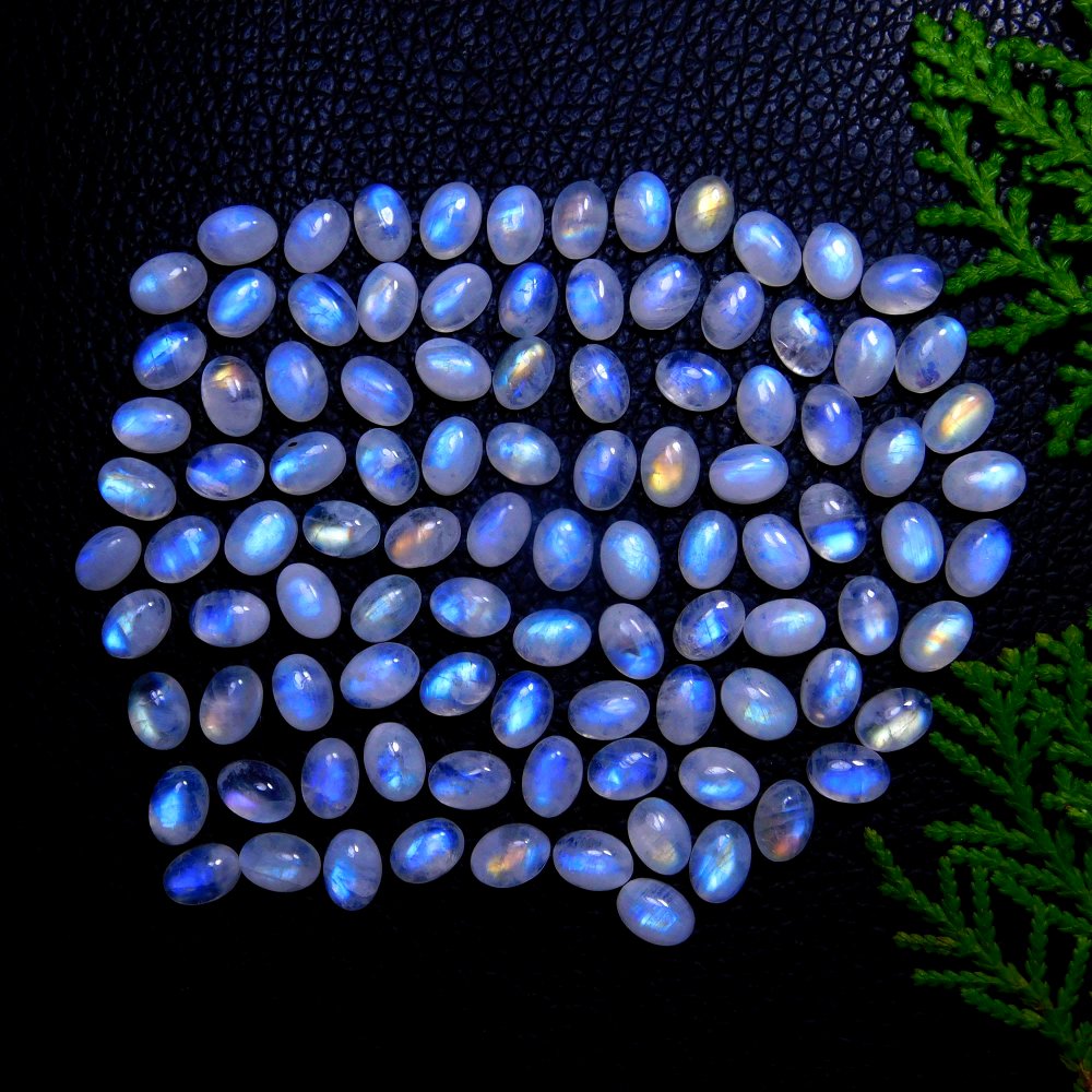 100Pcs 105Cts Natural Rainbow Moonstone Oval Shape Blue Fire Cabochon Lot Loose Gemstone Jewelry Crystal For Birthday Gift 7X5mm #9864