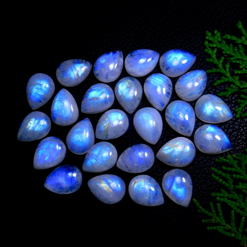 65Pcs 363Cts Natural Rainbow Moonstone Pear Shape Blue Fire Cabochon Lot Semi Precious Loose Gemstone Jewelry Supplies Crystal 14X10mm #9874
