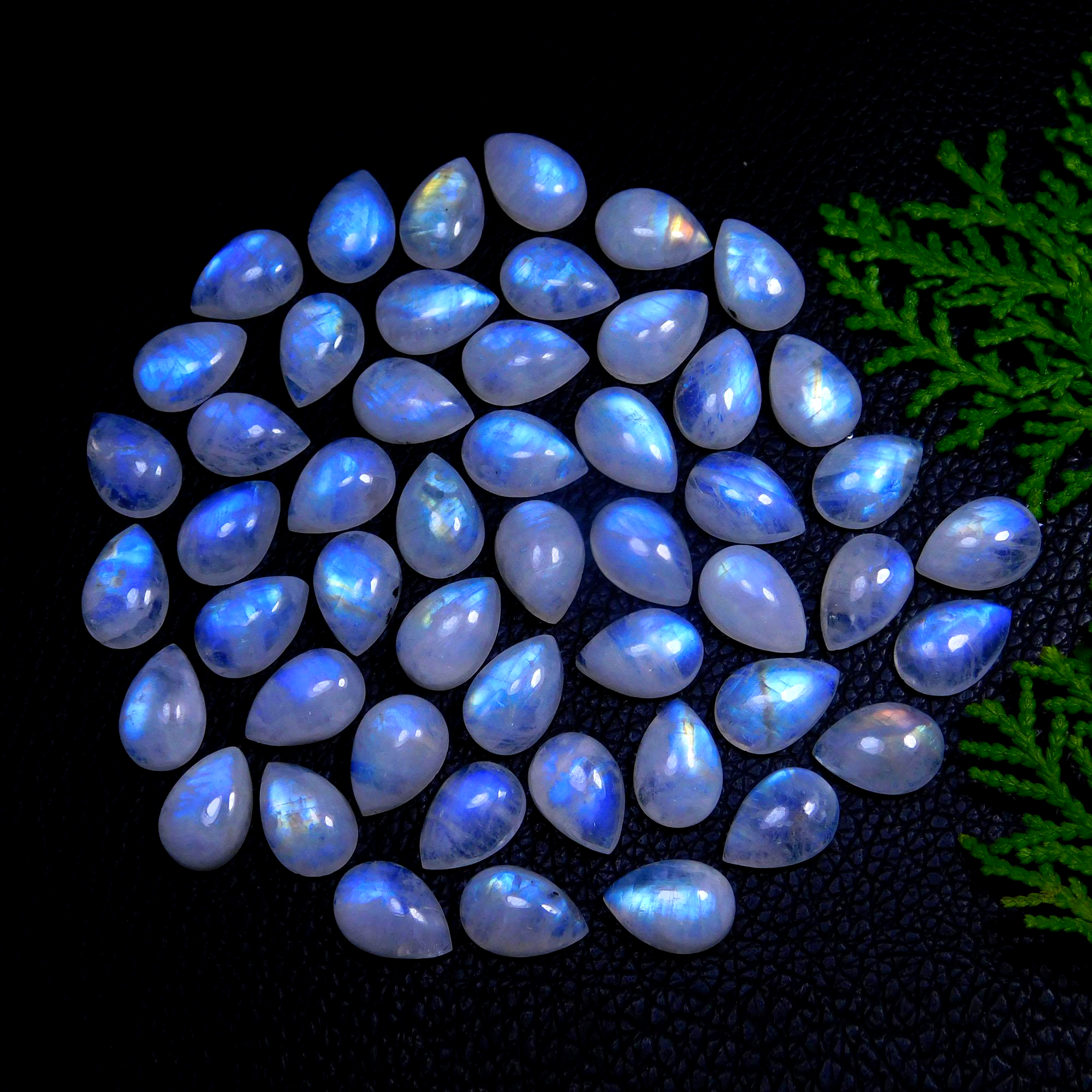 50Pcs 213Cts Natural Rainbow Moonstone Pear Shape Blue Fire Cabochon Lot Semi Precious Loose Gemstone Jewelry Supplies Crystal 13X9mm #9878