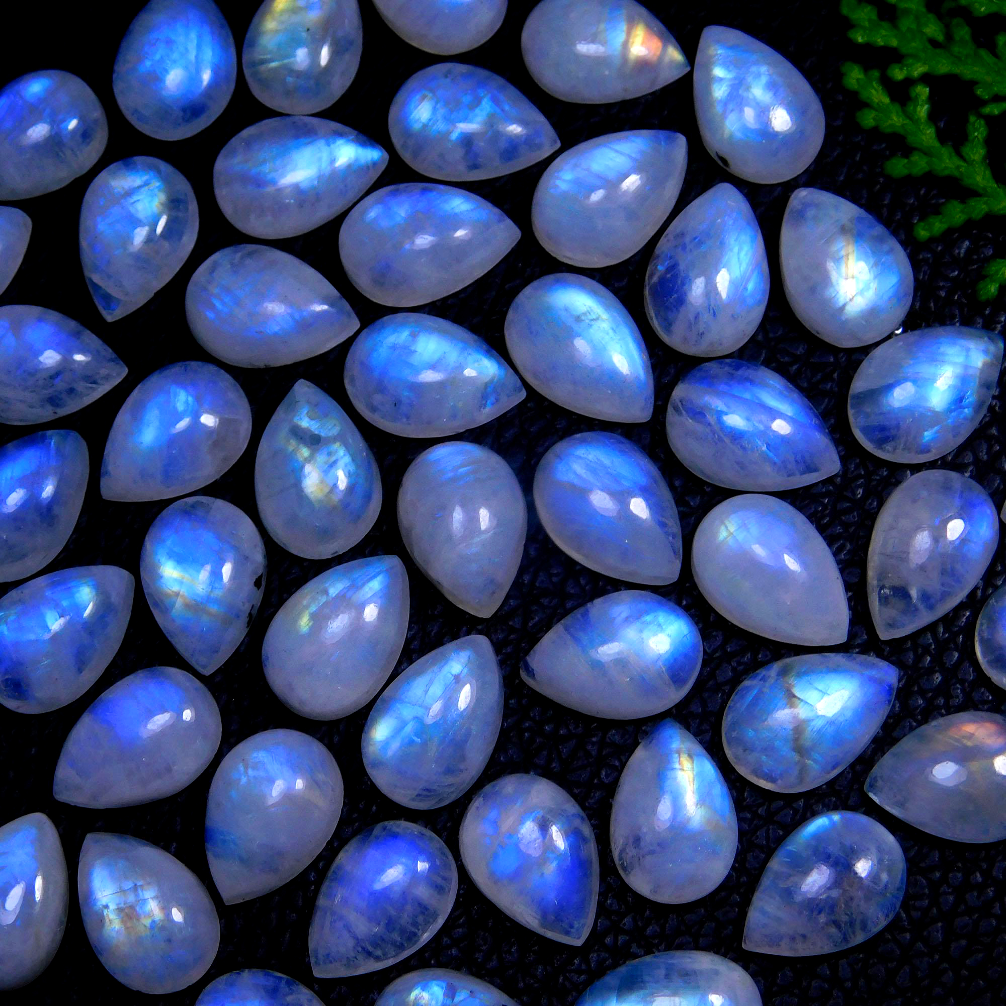 50Pcs 213Cts Natural Rainbow Moonstone Pear Shape Blue Fire Cabochon Lot Semi Precious Loose Gemstone Jewelry Supplies Crystal 13X9mm #9878