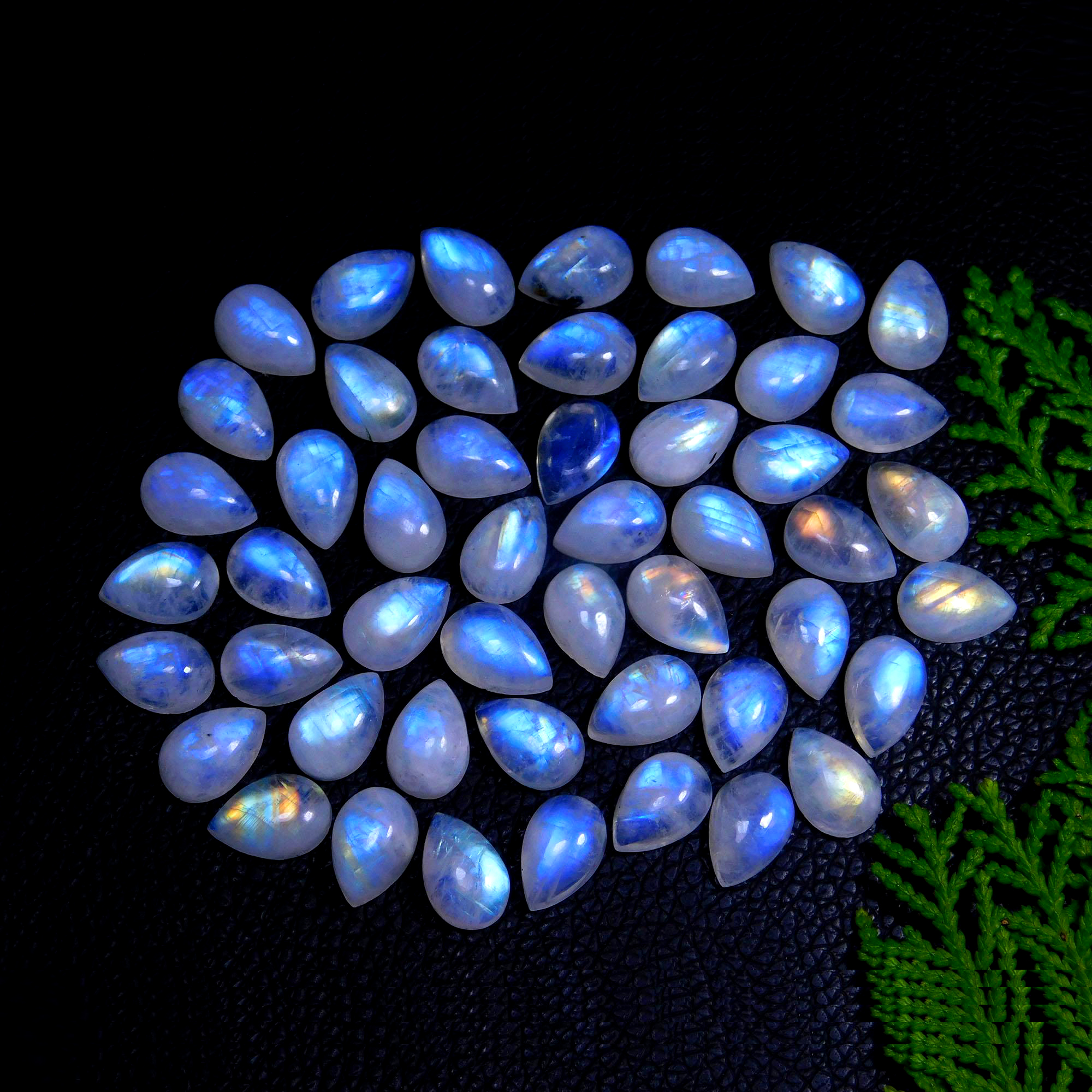 50Pcs 173Cts Natural Rainbow Moonstone Pear Shape Blue Fire Cabochon Lot Semi Precious Loose Gemstone Jewelry Supplies Crystal 12X8mm #9879