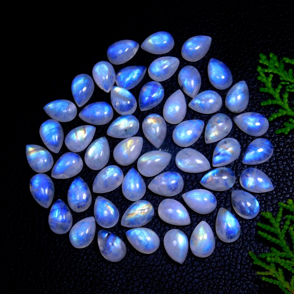 50Pcs 171Cts Natural Rainbow Moonstone Pear Shape Blue Fire Cabochon Lot Semi Precious Loose Gemstone Jewelry Supplies Crystal 12X8mm #9881