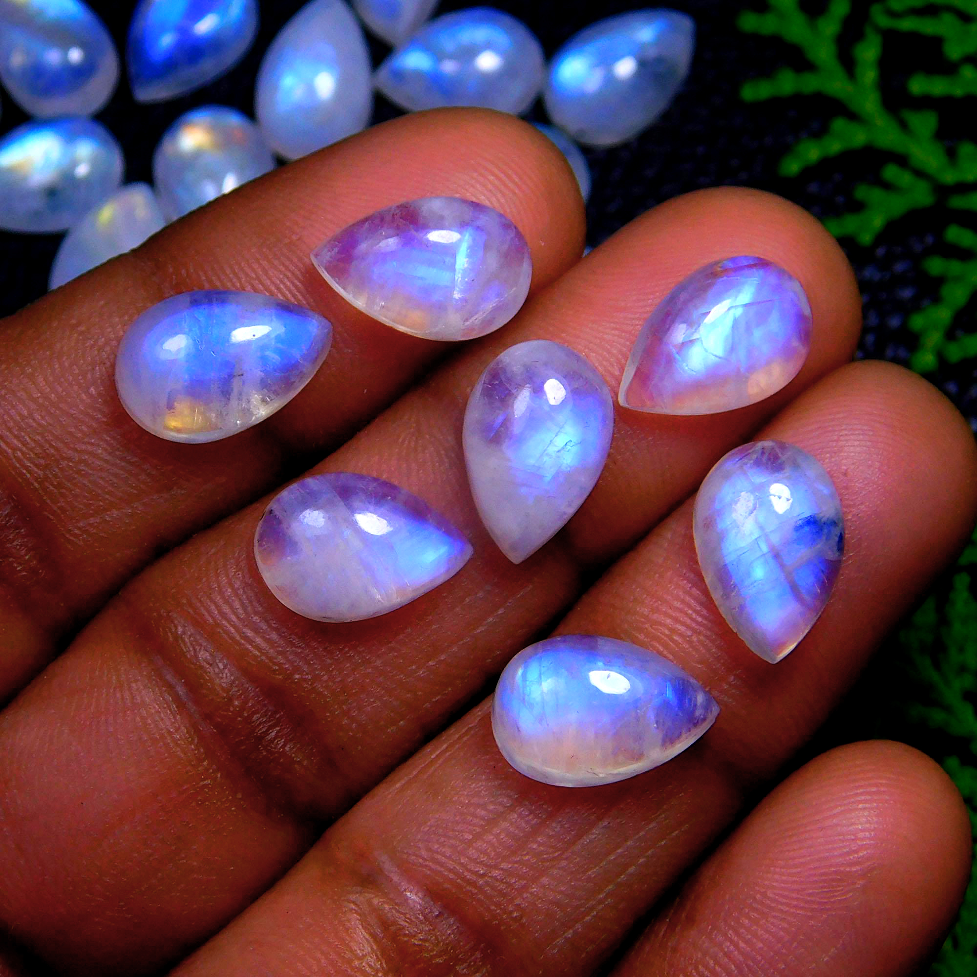 50Pcs 171Cts Natural Rainbow Moonstone Pear Shape Blue Fire Cabochon Lot Semi Precious Loose Gemstone Jewelry Supplies Crystal 12X8mm #9881