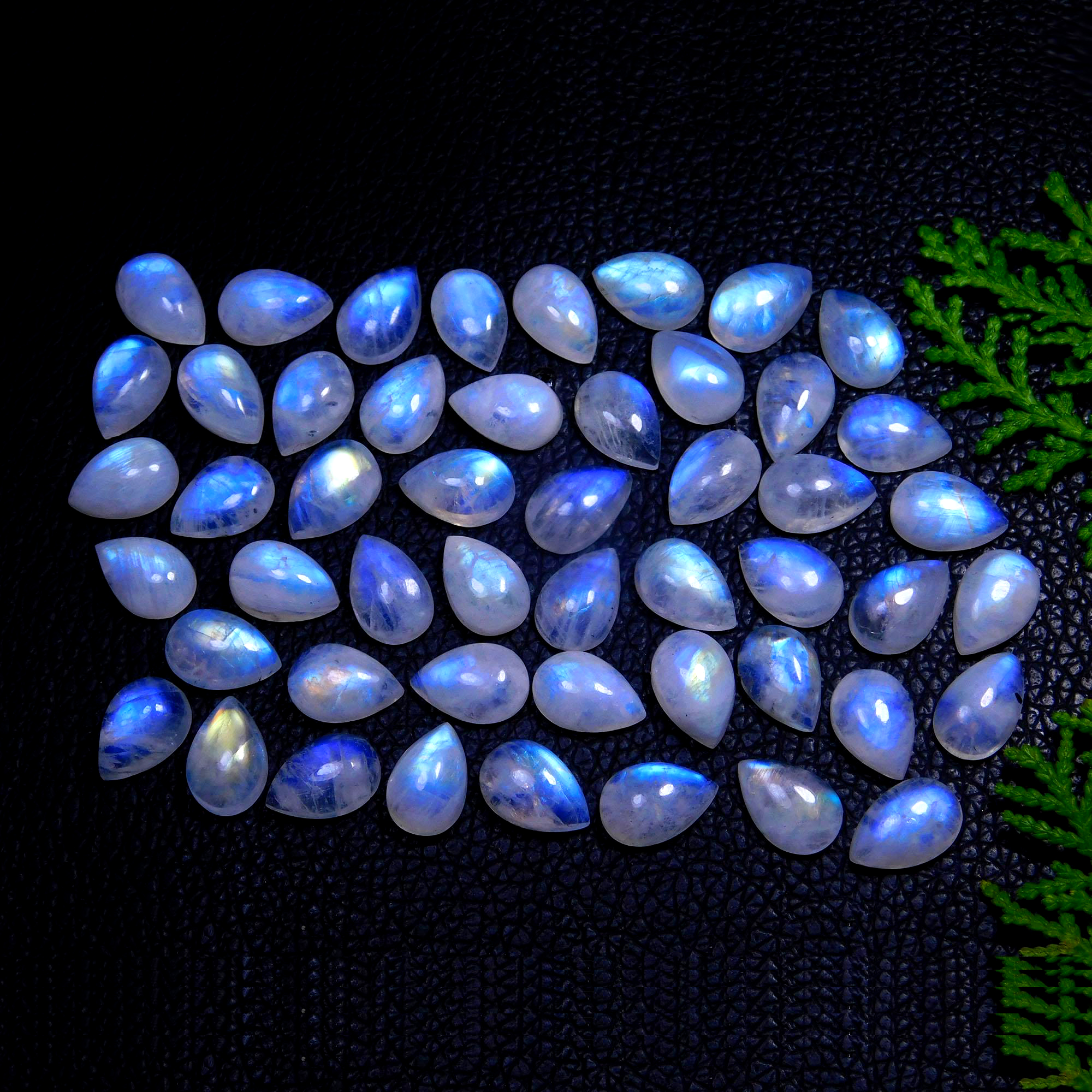 50Pcs 163Cts Natural Rainbow Moonstone Pear Shape Blue Fire Cabochon Lot Semi Precious Loose Gemstone Jewelry Supplies Crystal 12X8mm #9882